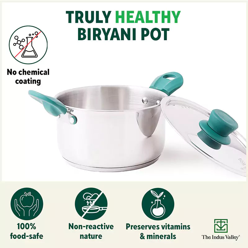 The Indus Valley Tri-Steel Stainless Steel Biryani Pot+ Lid, Premium Quality, Tri-ply (3 Layer) Bottom, Soft-touch Handles, 100% Toxin-free, Non-stick - view 3