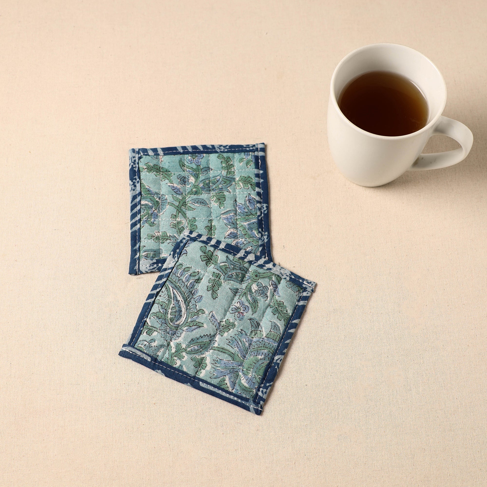 JALPARI Blue - Floral Print Cotton Quilted Coasters (Set of 2) 02 - view 2
