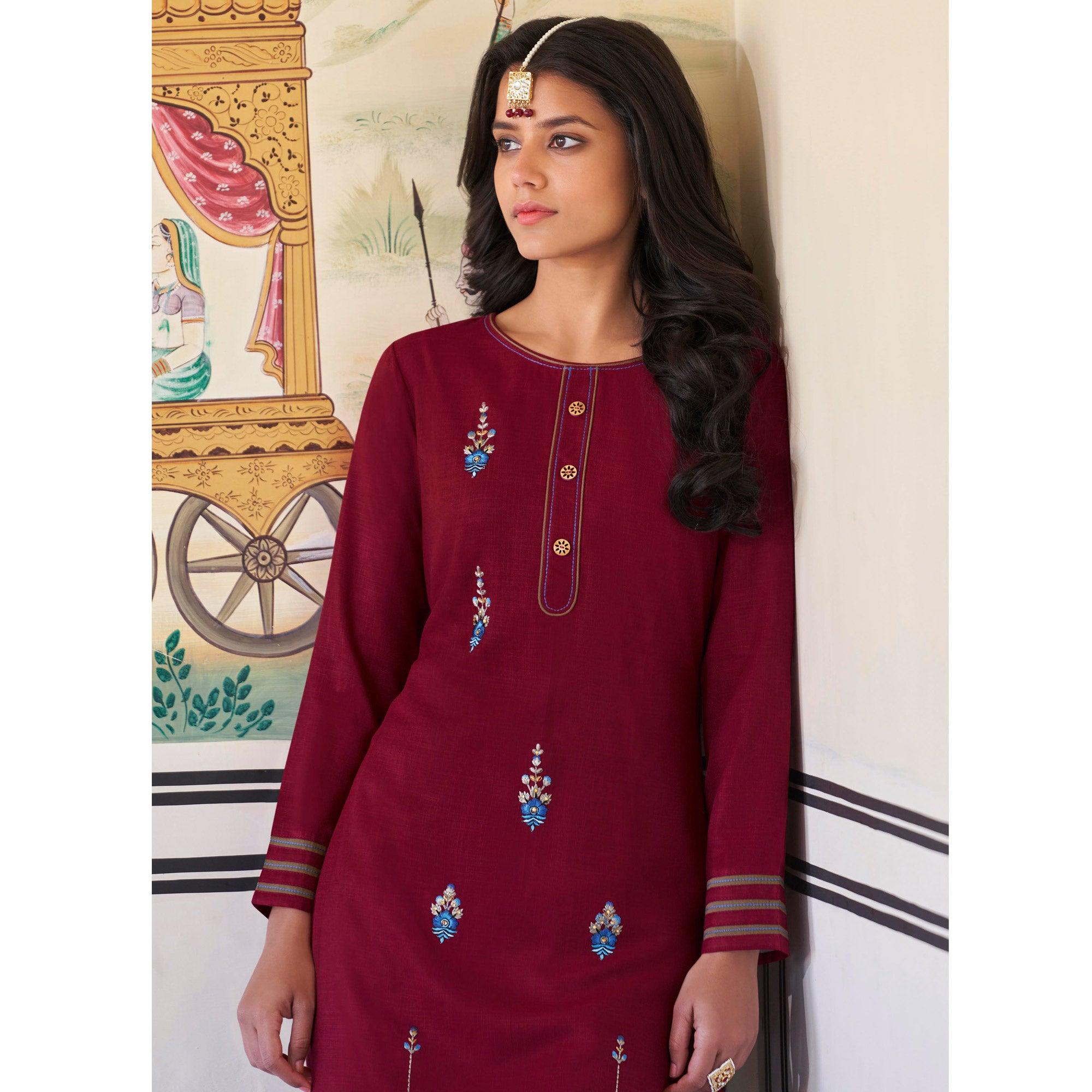 Peachmode Seller Maroon Casual Wear Embroidered Heavy Rayon Kurti - Palazzo Set - view 4