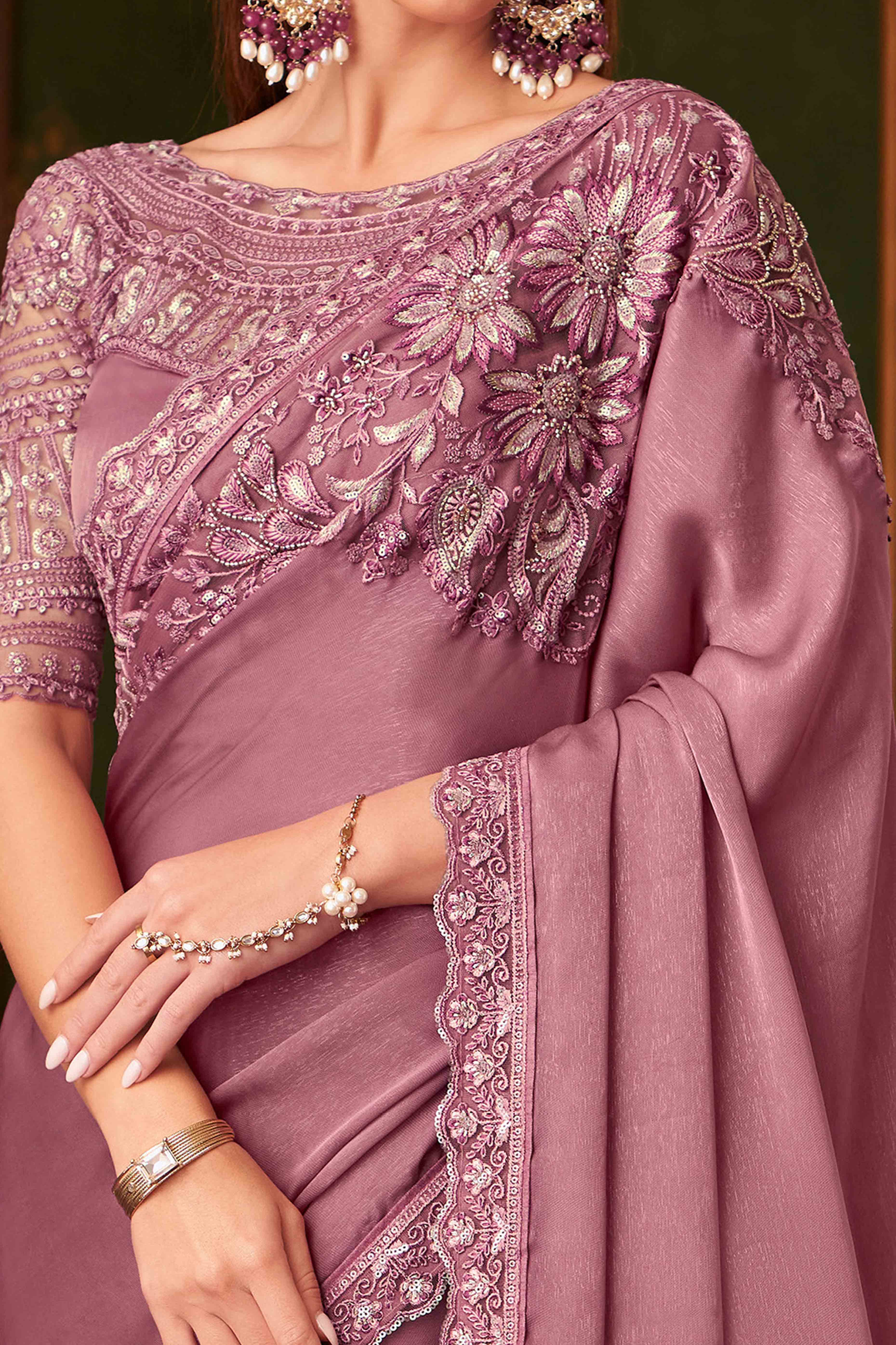 Peachmode Dusty Pink Sequins Embroidered Georgette Saree - view 2