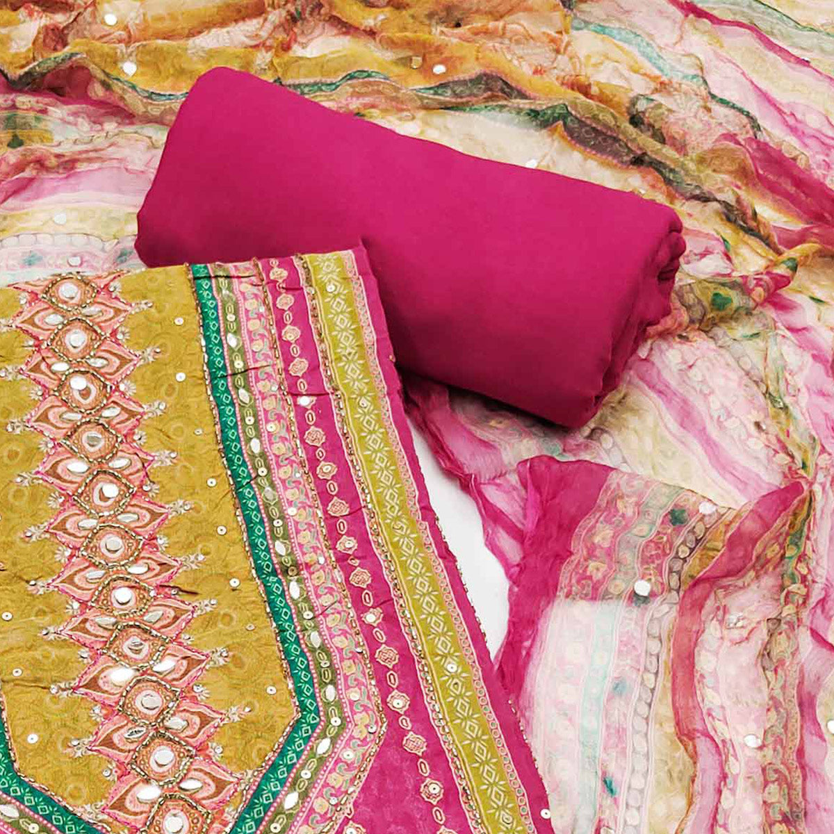 Peachmode Pink Embroidered With Printed Work Crepe Dress Material - view 2