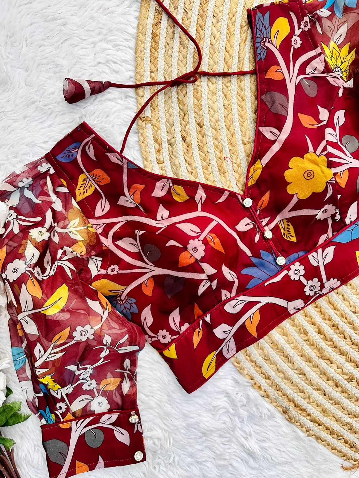 ClothsVilla Maroon Kalamkari Print Rajbhog Organza Blouse with Elegant Buttons