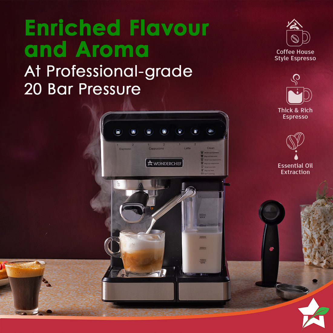 Wonderchef Regenta Automatic Coffee Maker, 20-bar with Auto-Frother, 2 Year Warranty - view 3