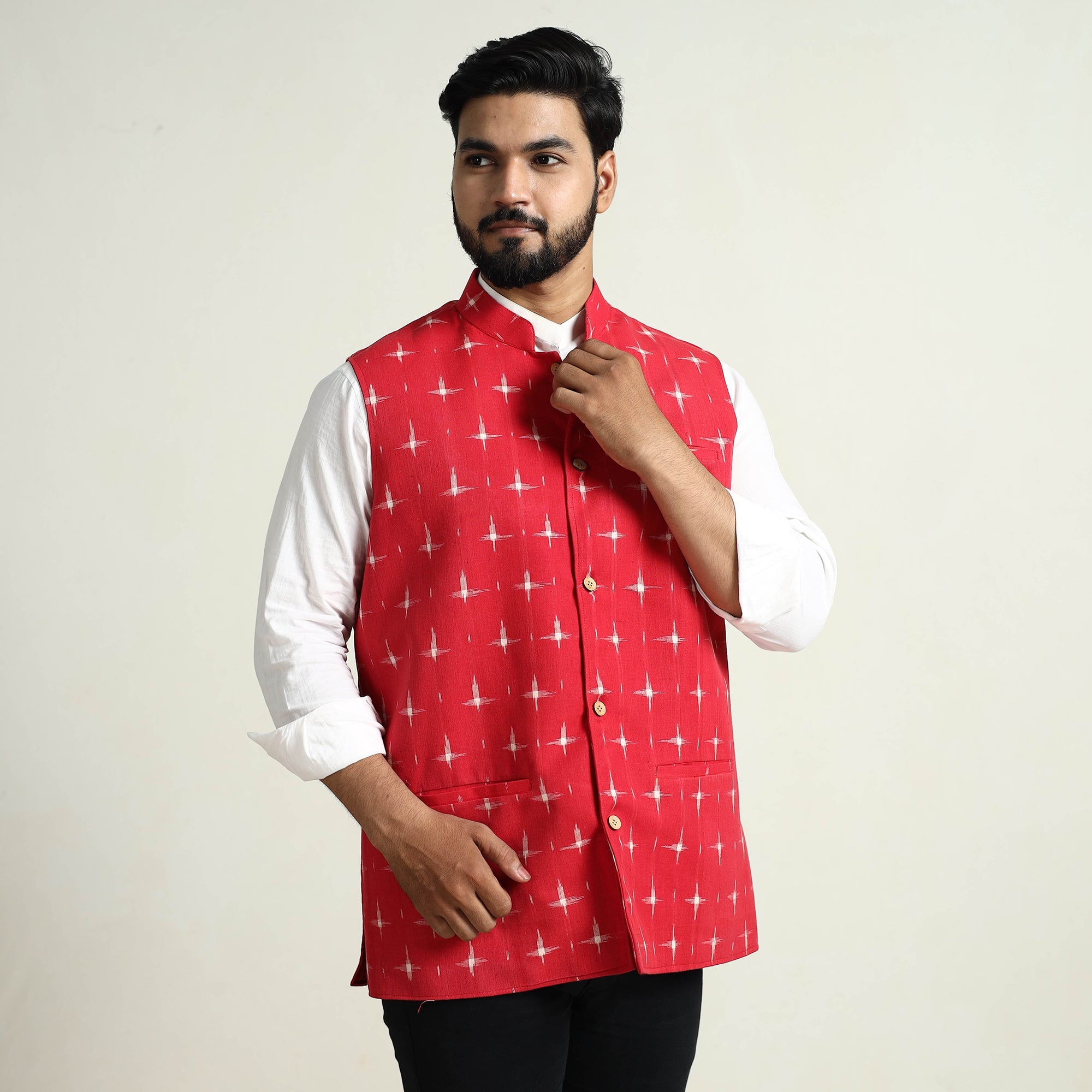 ITOKRI CASUALS Black - Pochampally Double Ikat Handloom Cotton Men Nehru Jacket 09 - view 5