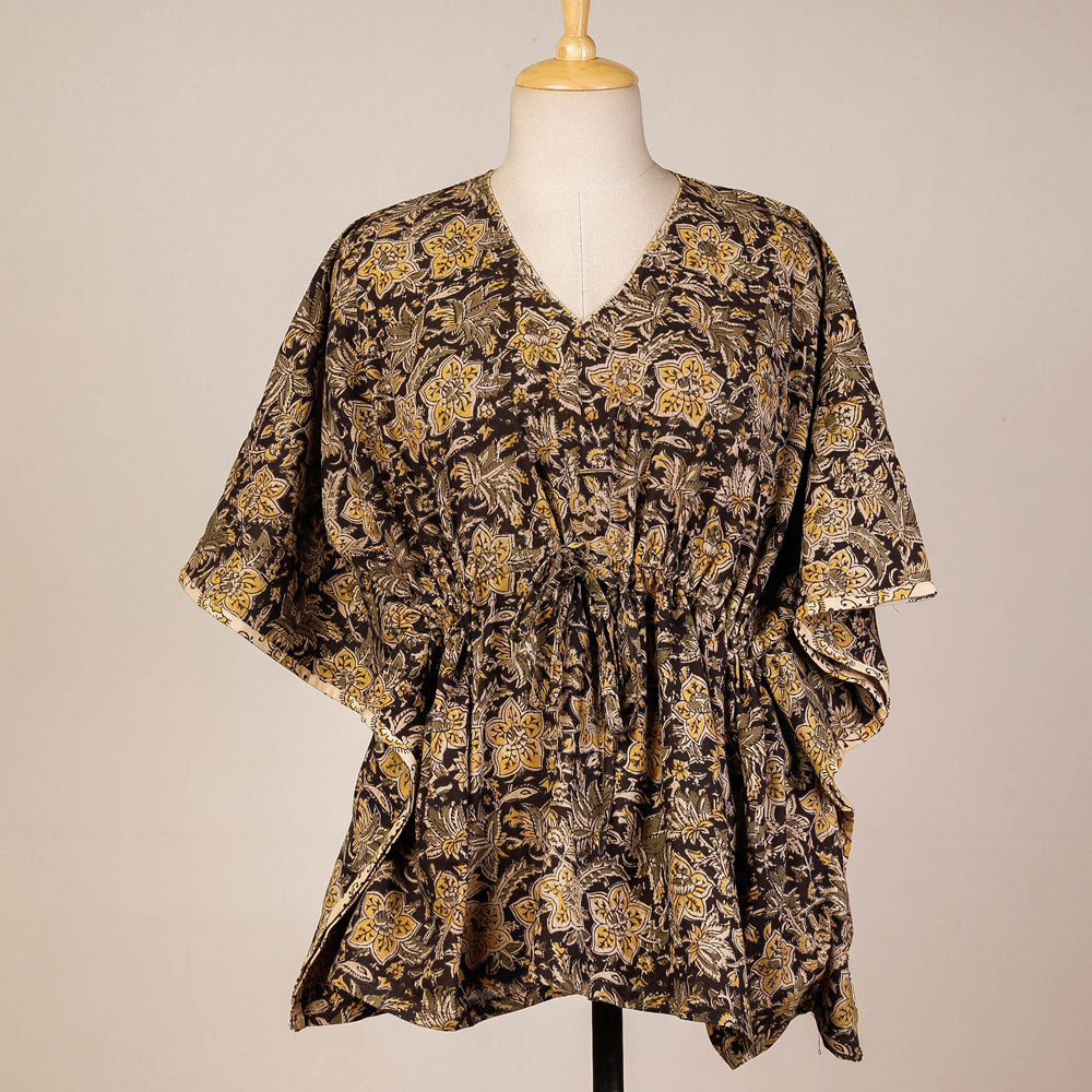 CHUTNEY CRAFT STUDIO Black - Block Print Cotton Kalamkari Kaftan with Tie-Up Waist (Short)