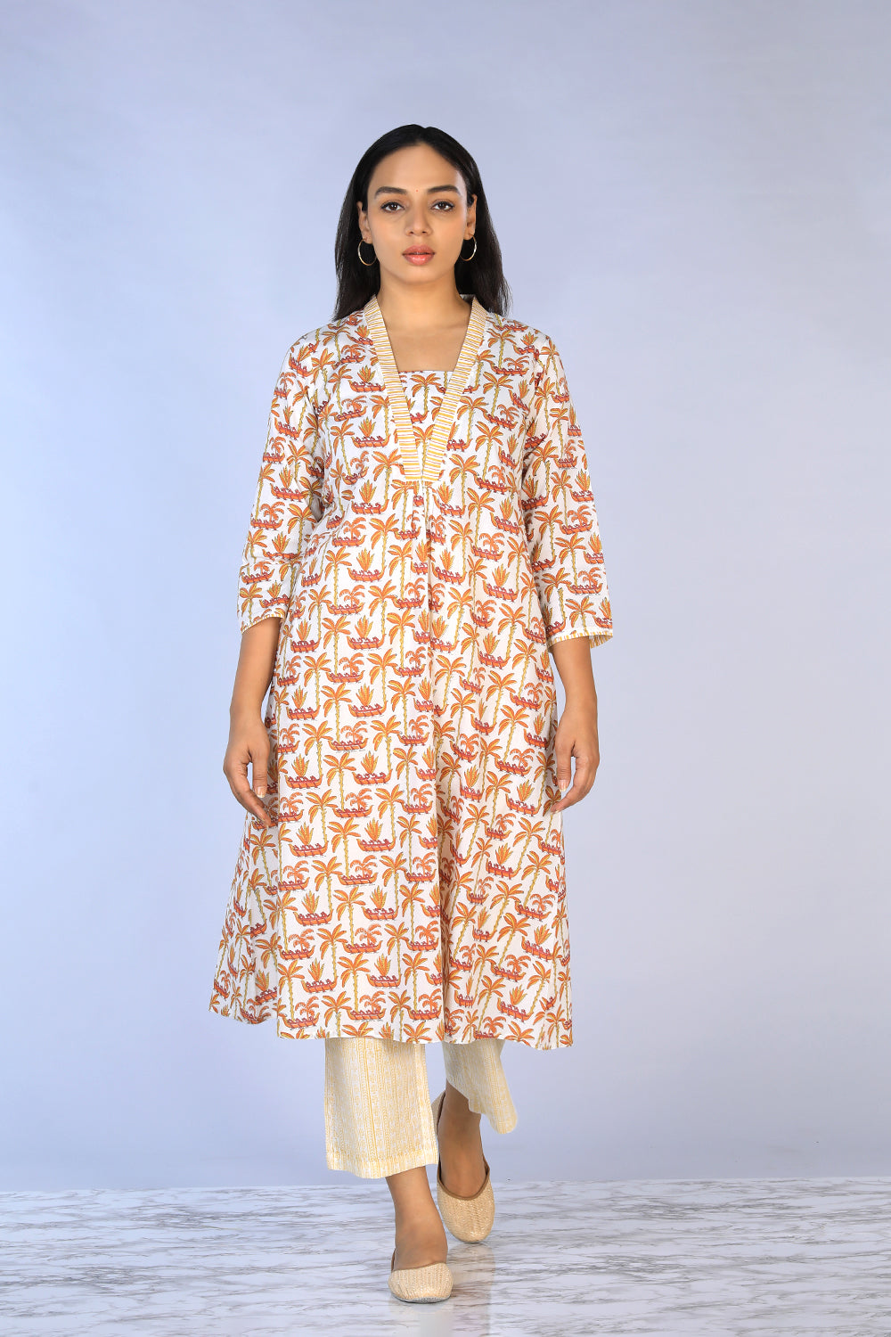 Kalanjali Ethnics Handblock Printed A-line Kurti with pants set