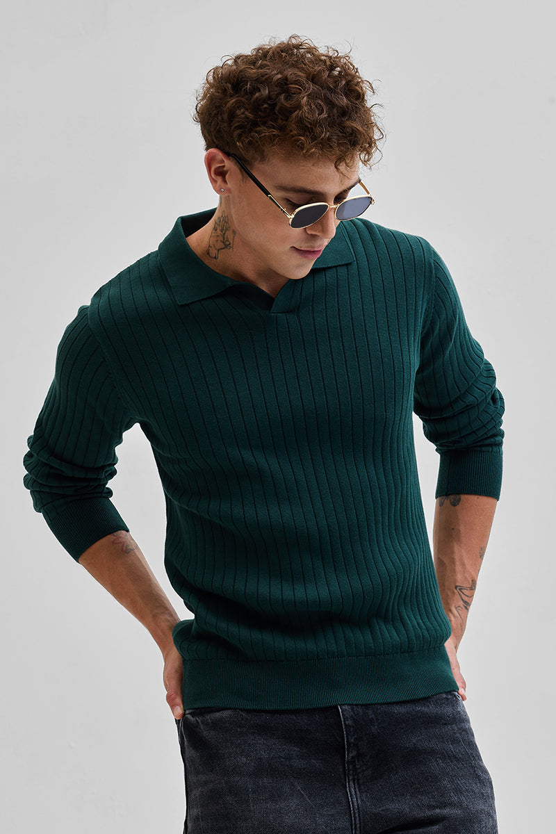 SNITCH Dark Green Textured Polo T-Shirt
