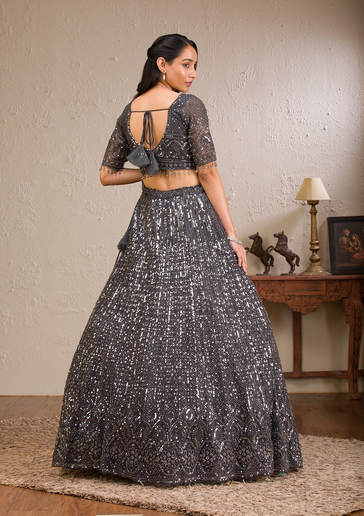 Koskii Dark Grey Sequins Net Readymade Lehenga - view 3