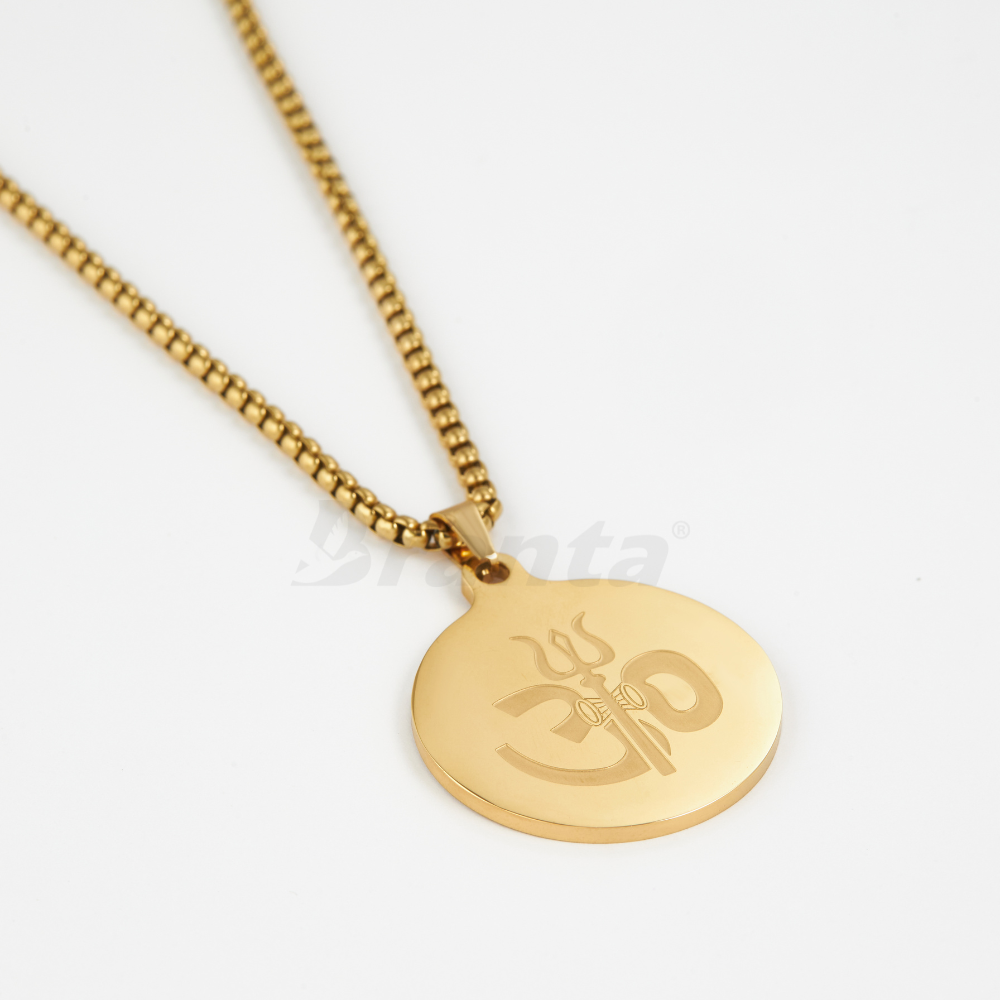 Branta Om Trishul Pendant Gold Stainless Steel Necklace Chain For Men (24 Inch)