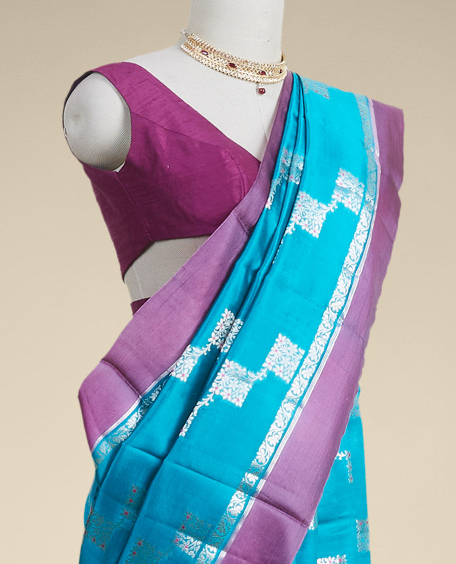 Pothys Blue geometric motifs dupion silk saree with contrast plain border