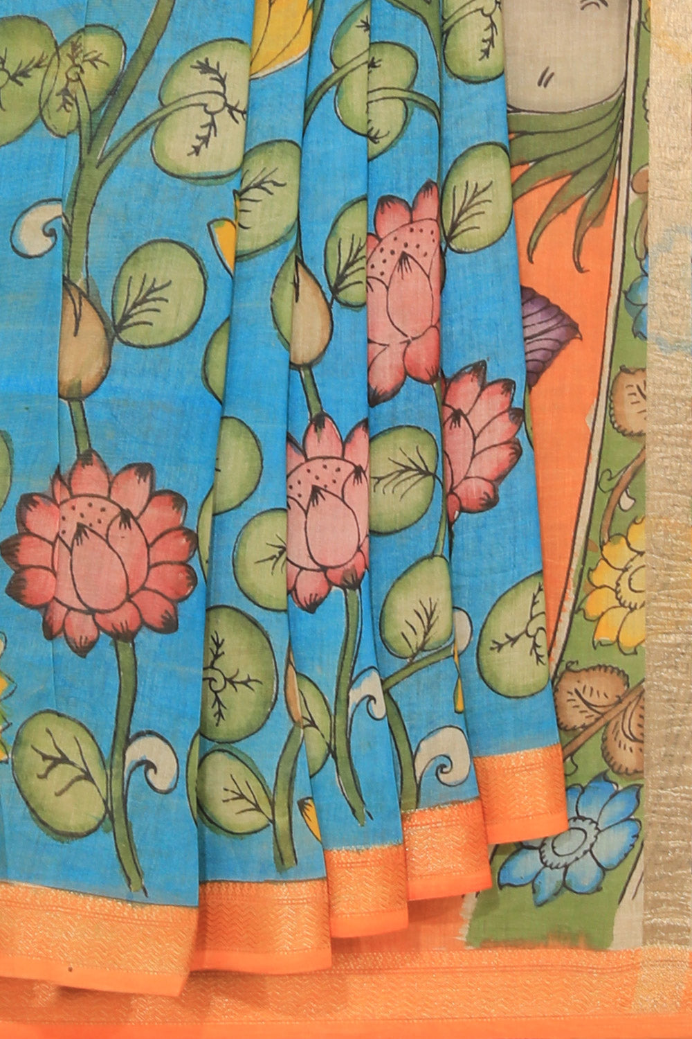 Kalanjali Kalamkari Hand-Painted Blue Saree – Women's
