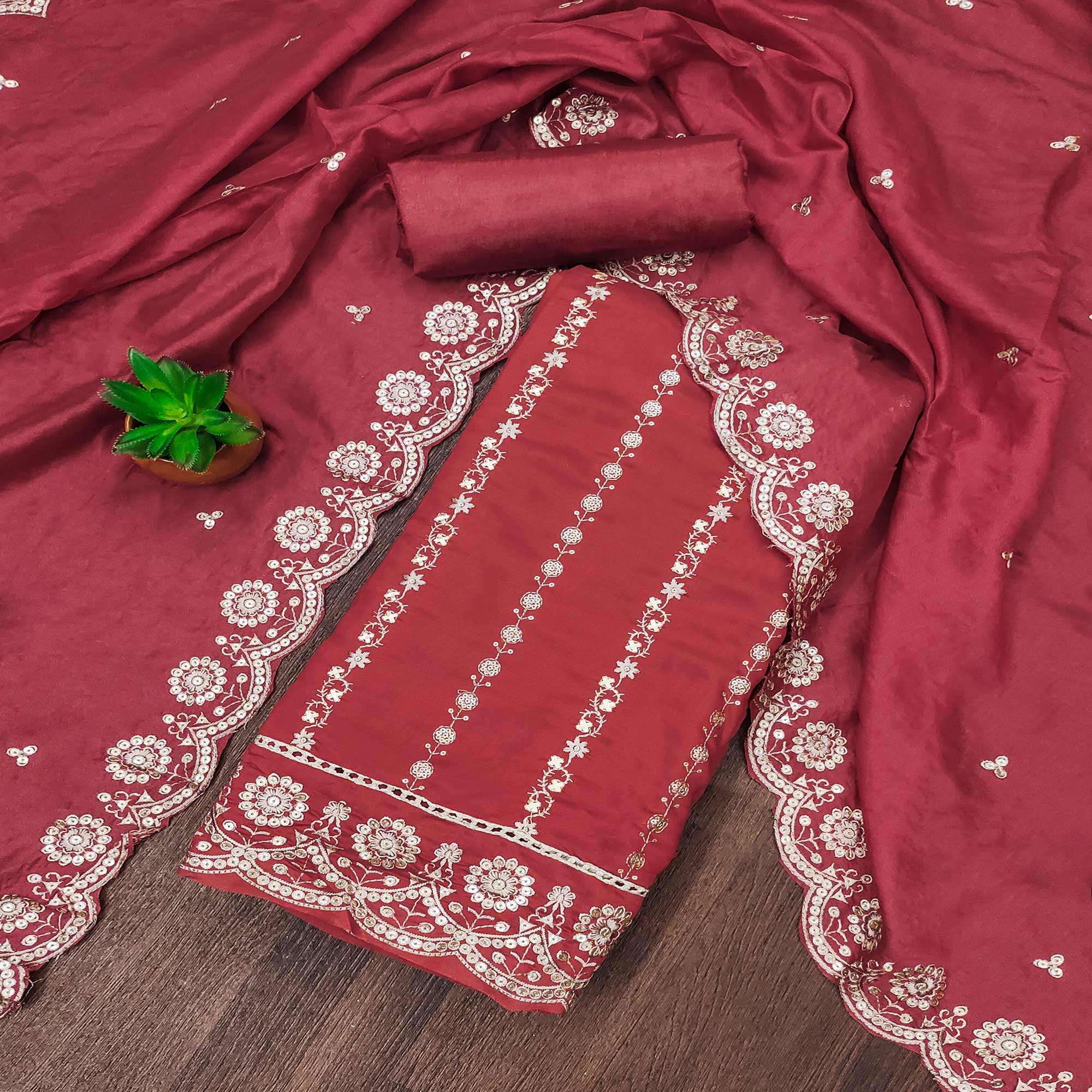 Peachmode Maroon Embroidered Pure Cotton Dress Material