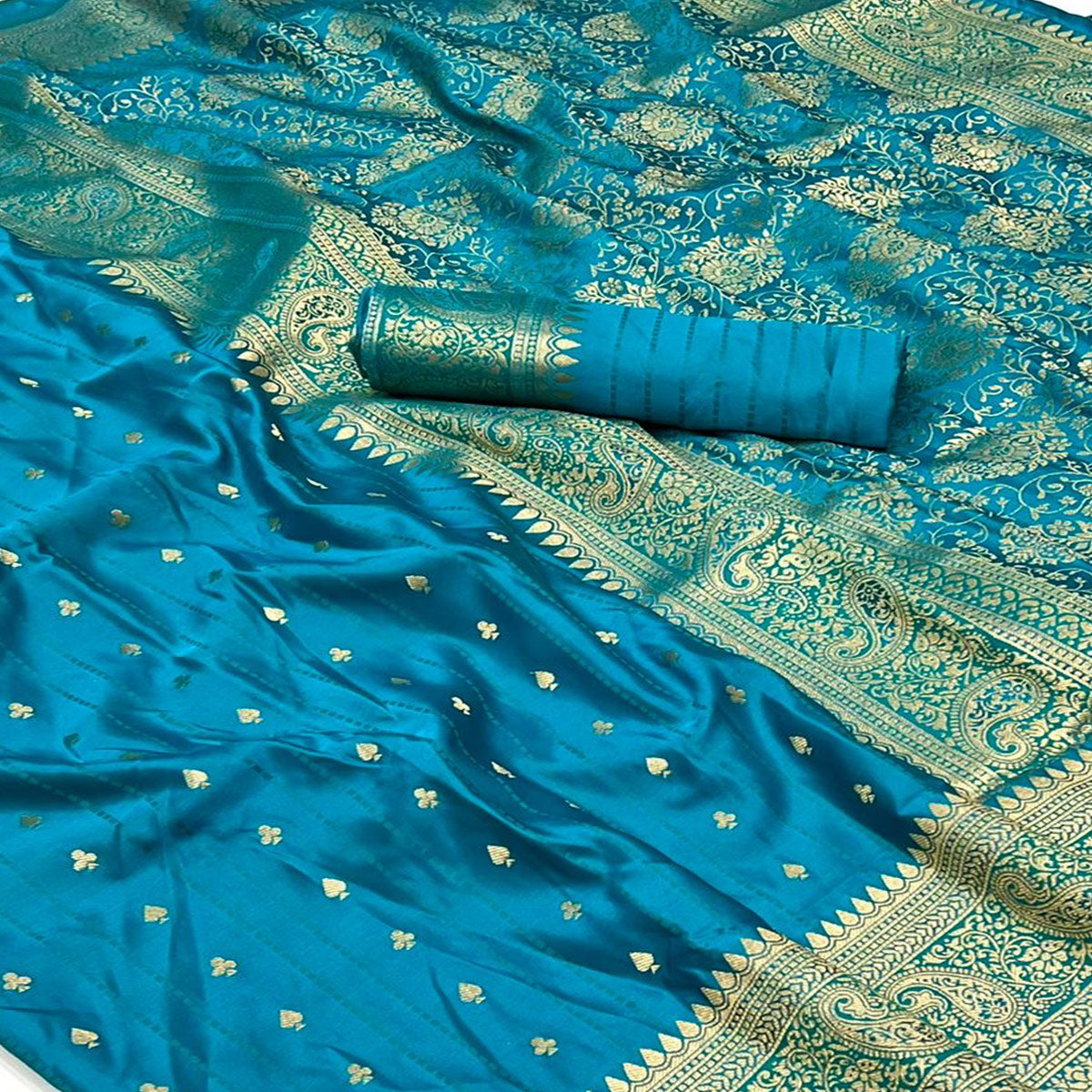 Peachmode Blue Woven Zari Border Satin Saree With Tassels - view 2