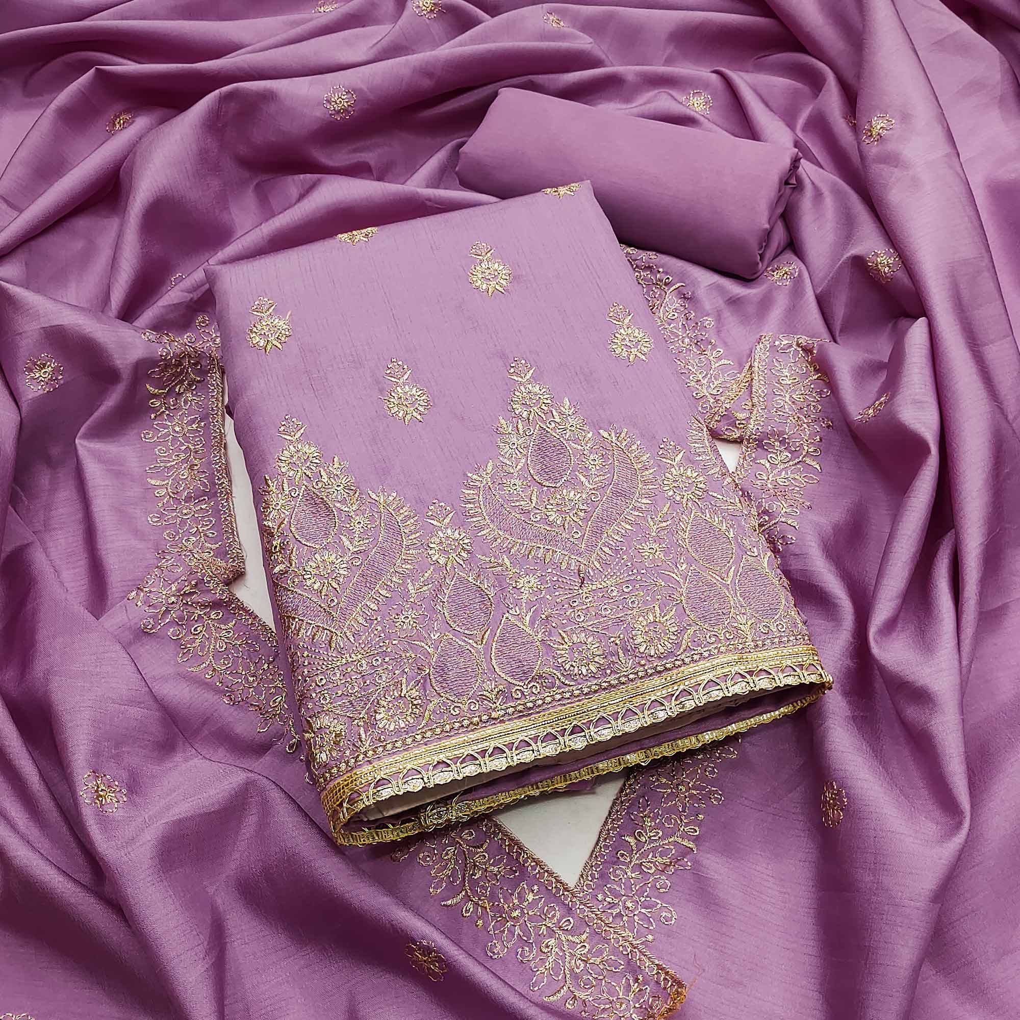 Peachmode Lavender Floral Embroidered Cotton Blend Dress Material