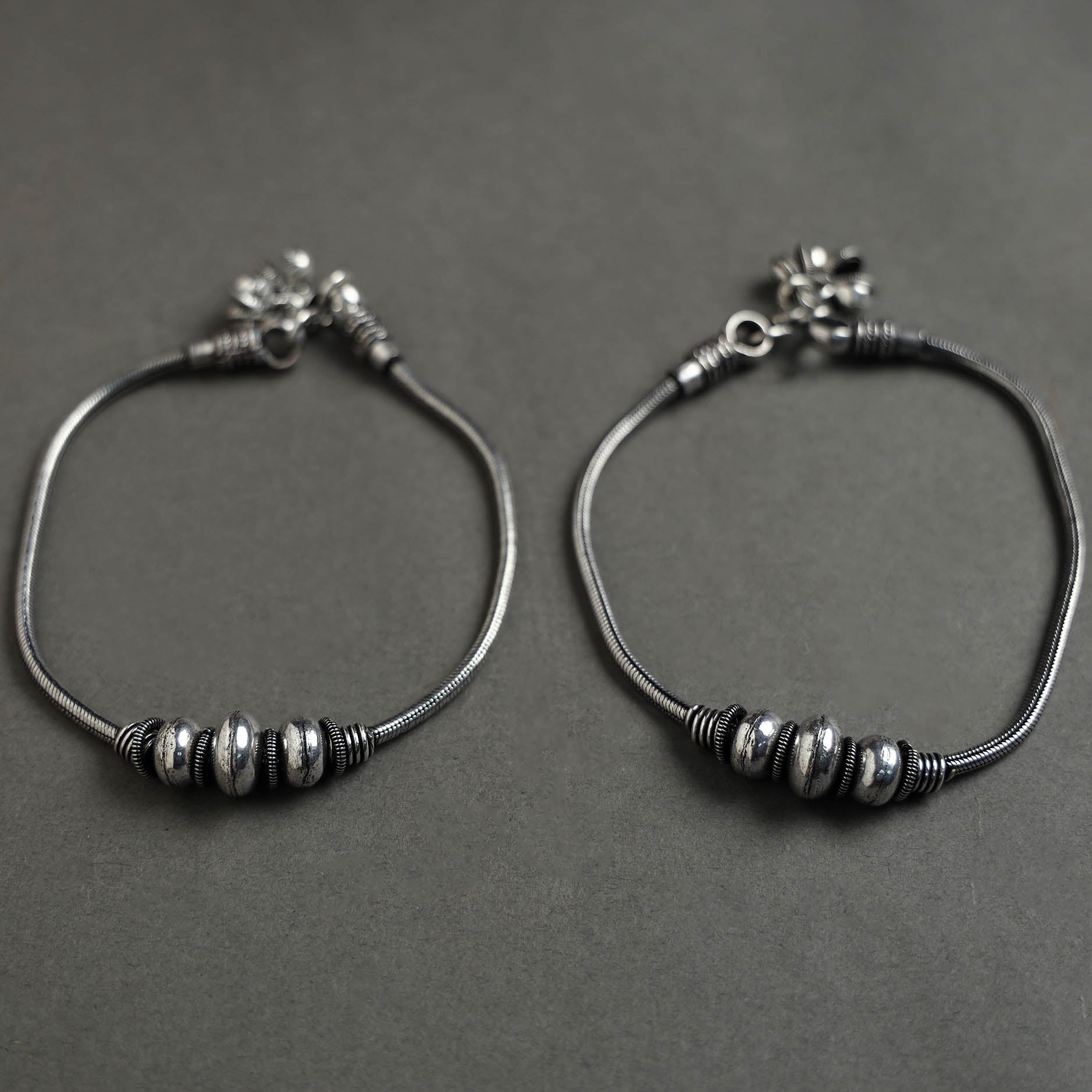 WHITE RIVER STORIES Antique Finish Oxidised White Metal Anklet Pair 15 - view 2