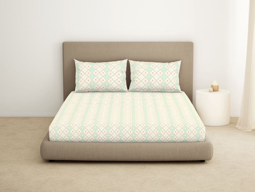 Spaces India Geometric Brook Green - Light Aqua 100% Cotton King Fitted Sheet - Dainty By Spaces-1065831