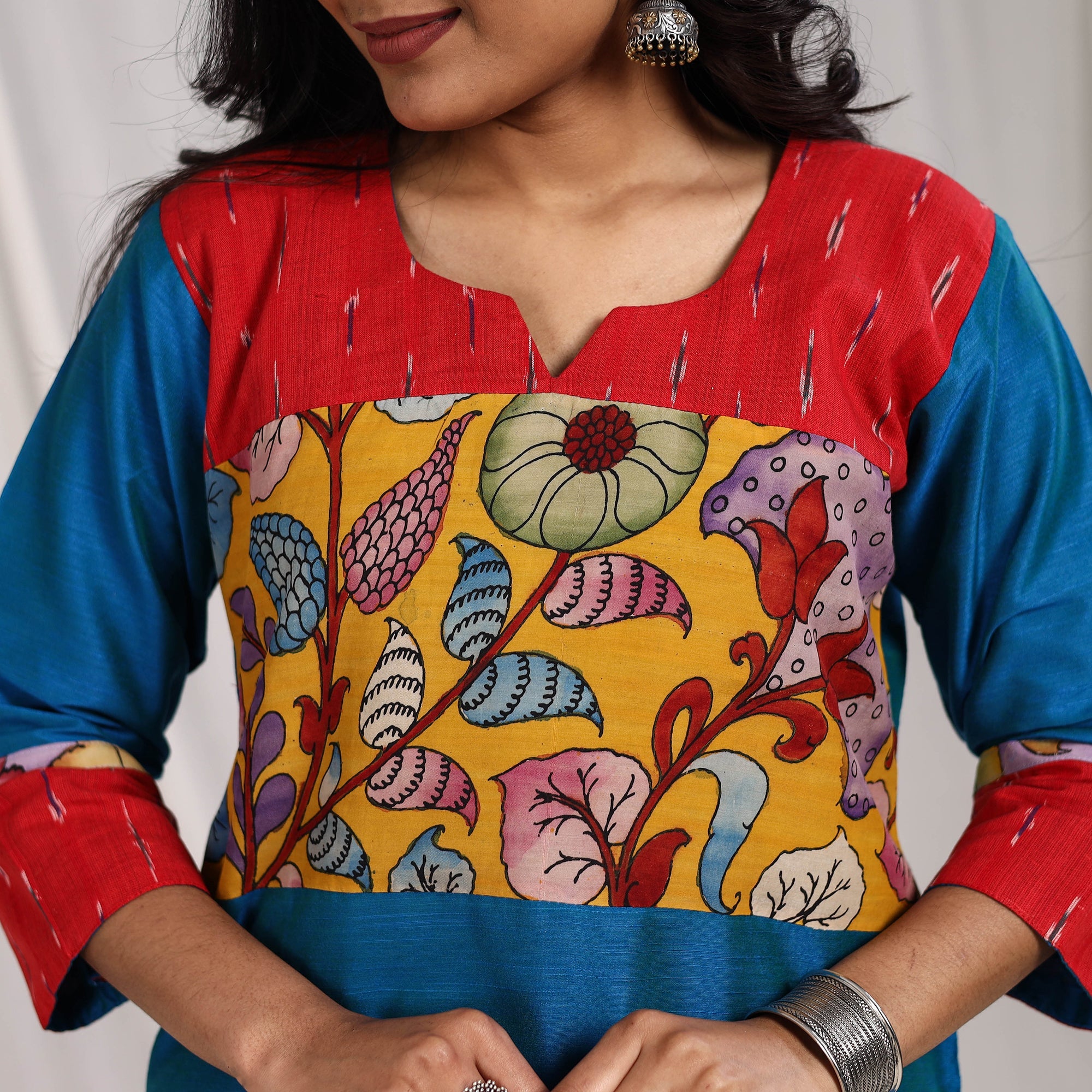 ITOKRI CASUALS Blue - Aaliya Slub Silk Straight Plain Kurta with Patchwork - view 6