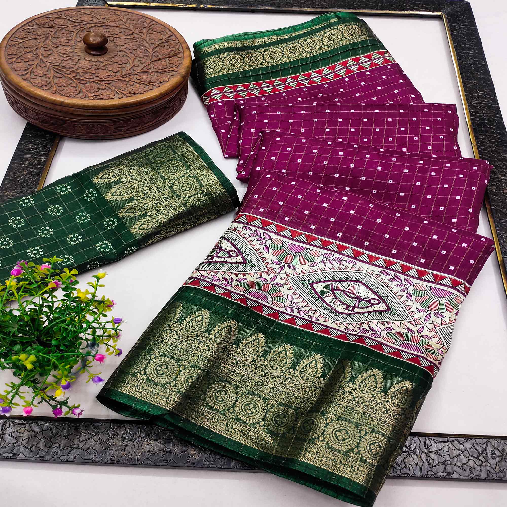 Peachmode Magenta Madhubani Work Woven Dola Silk Saree