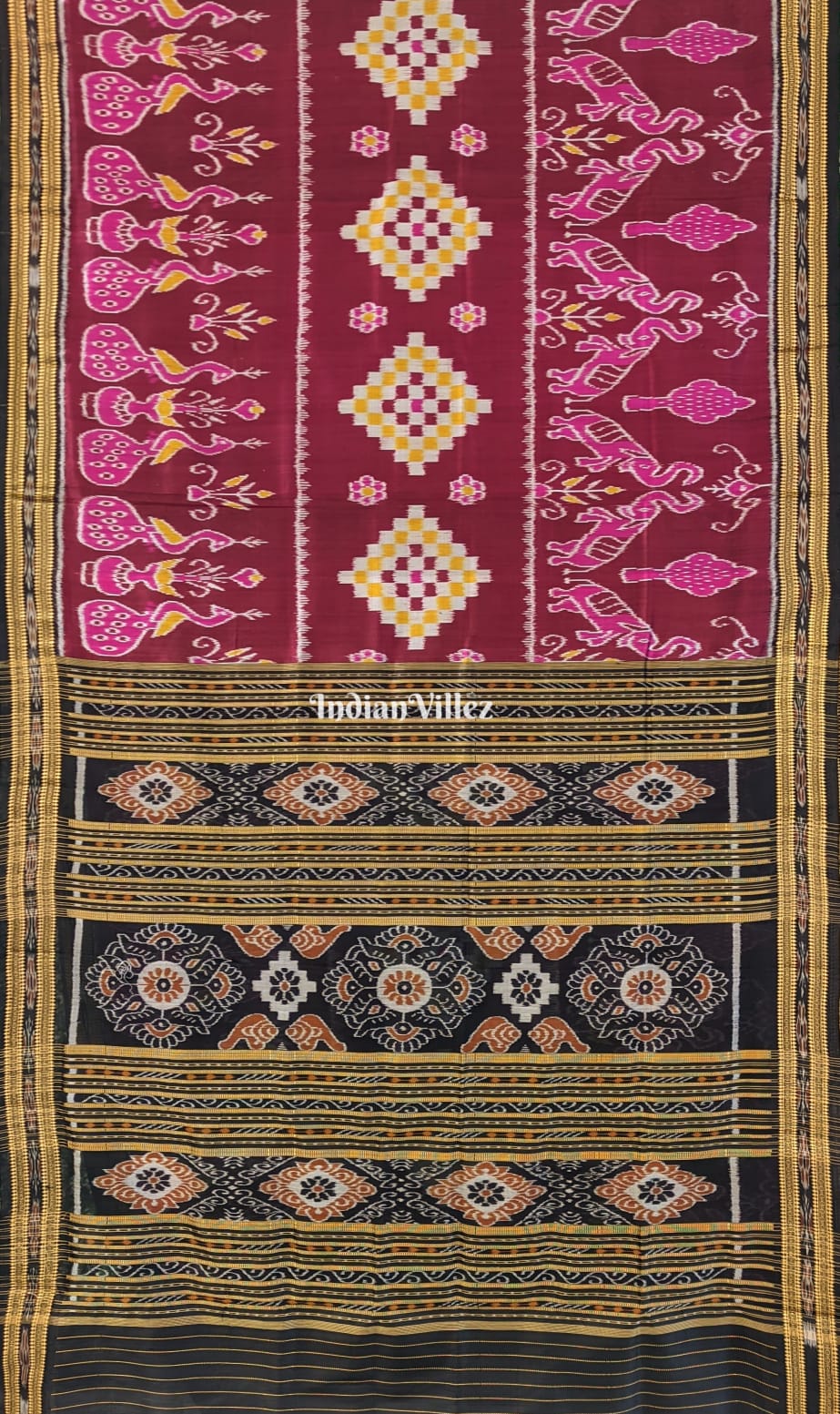 IndianVillèz Wine Color Pasapali Animal Theme Khandua Silk Saree