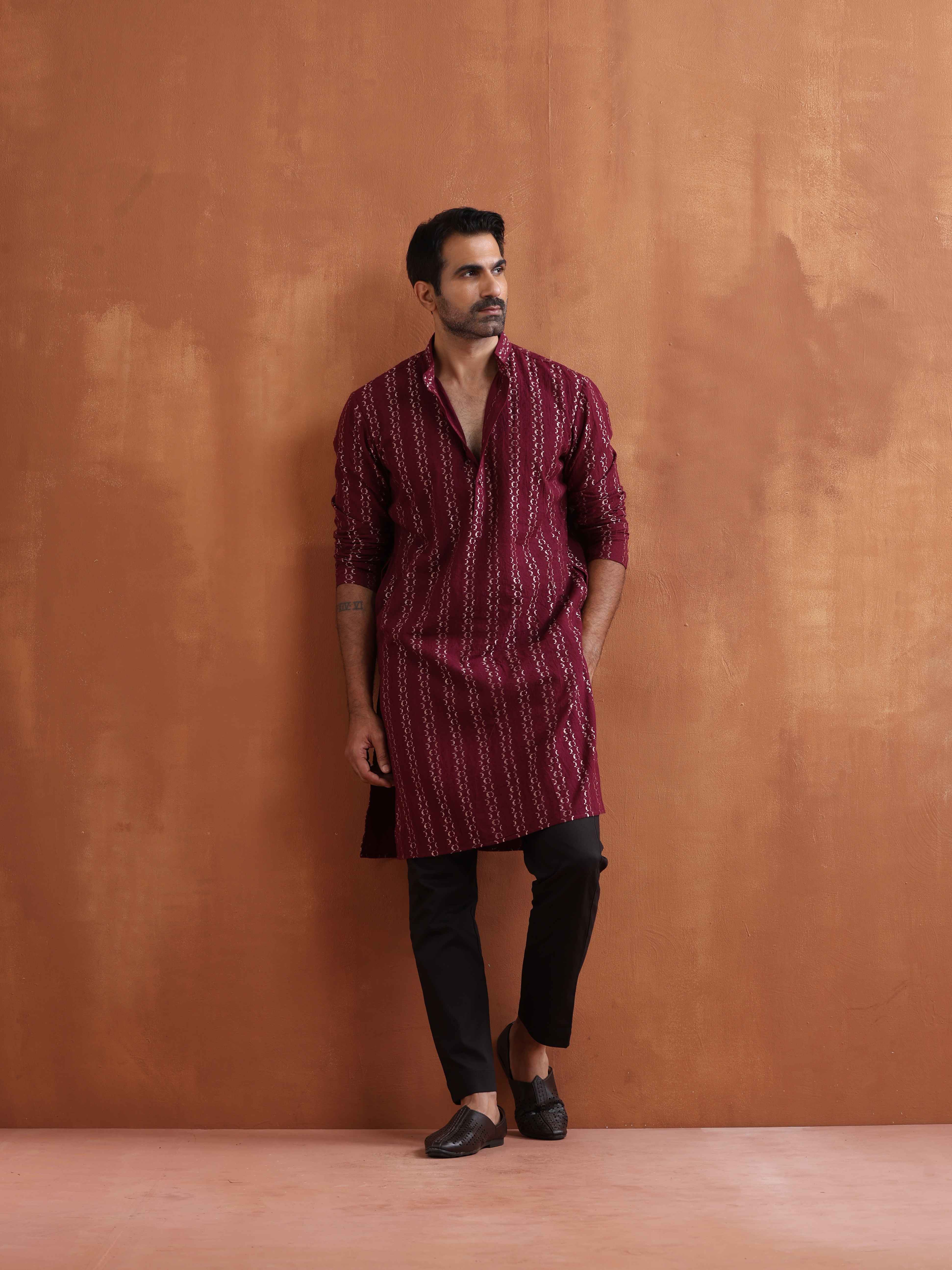 trueBrowns Men's Dark Purple Cotton Dobby Kurta - view 2