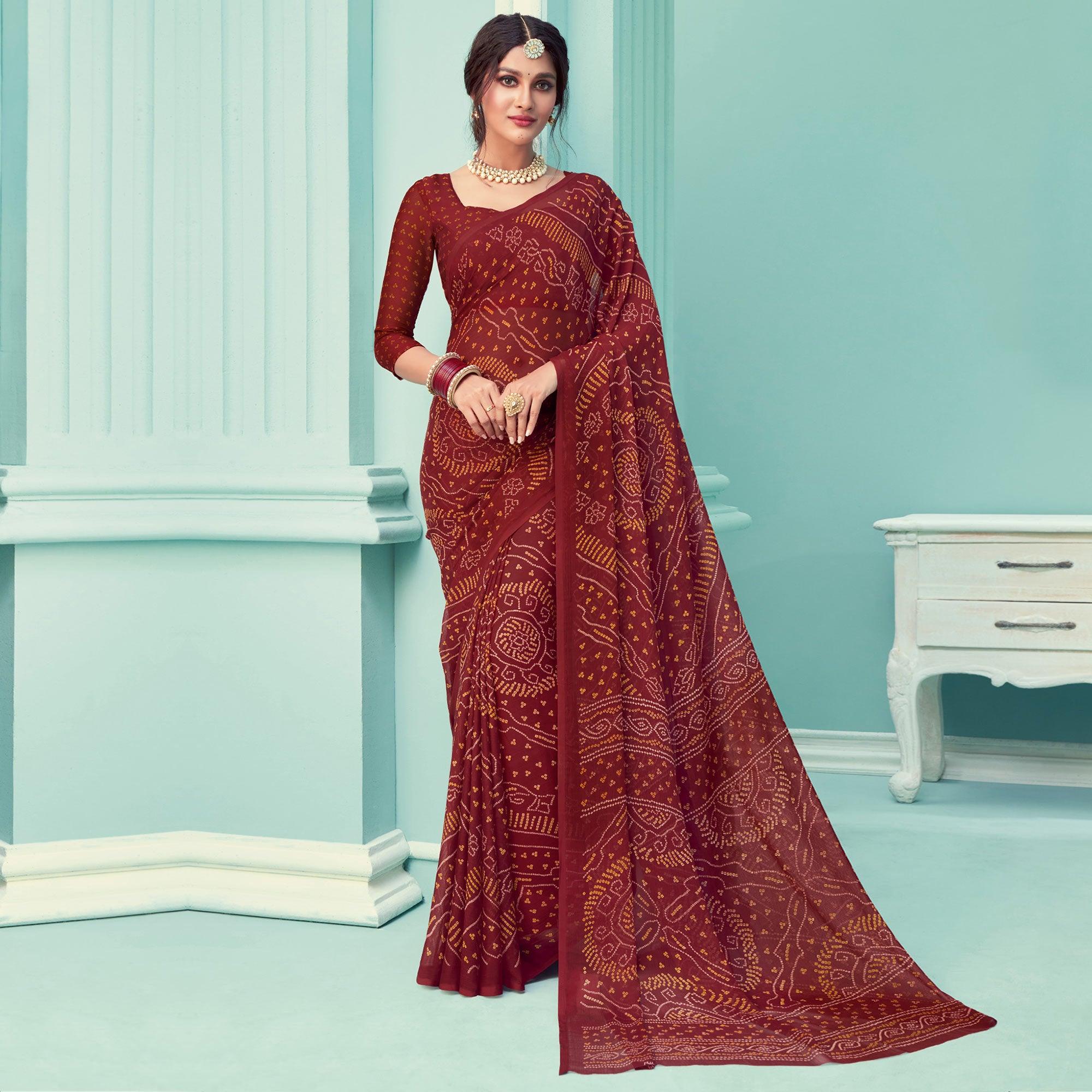 Peachmode Maroon Casual Wear Printed Chiffon Bandhani Saree