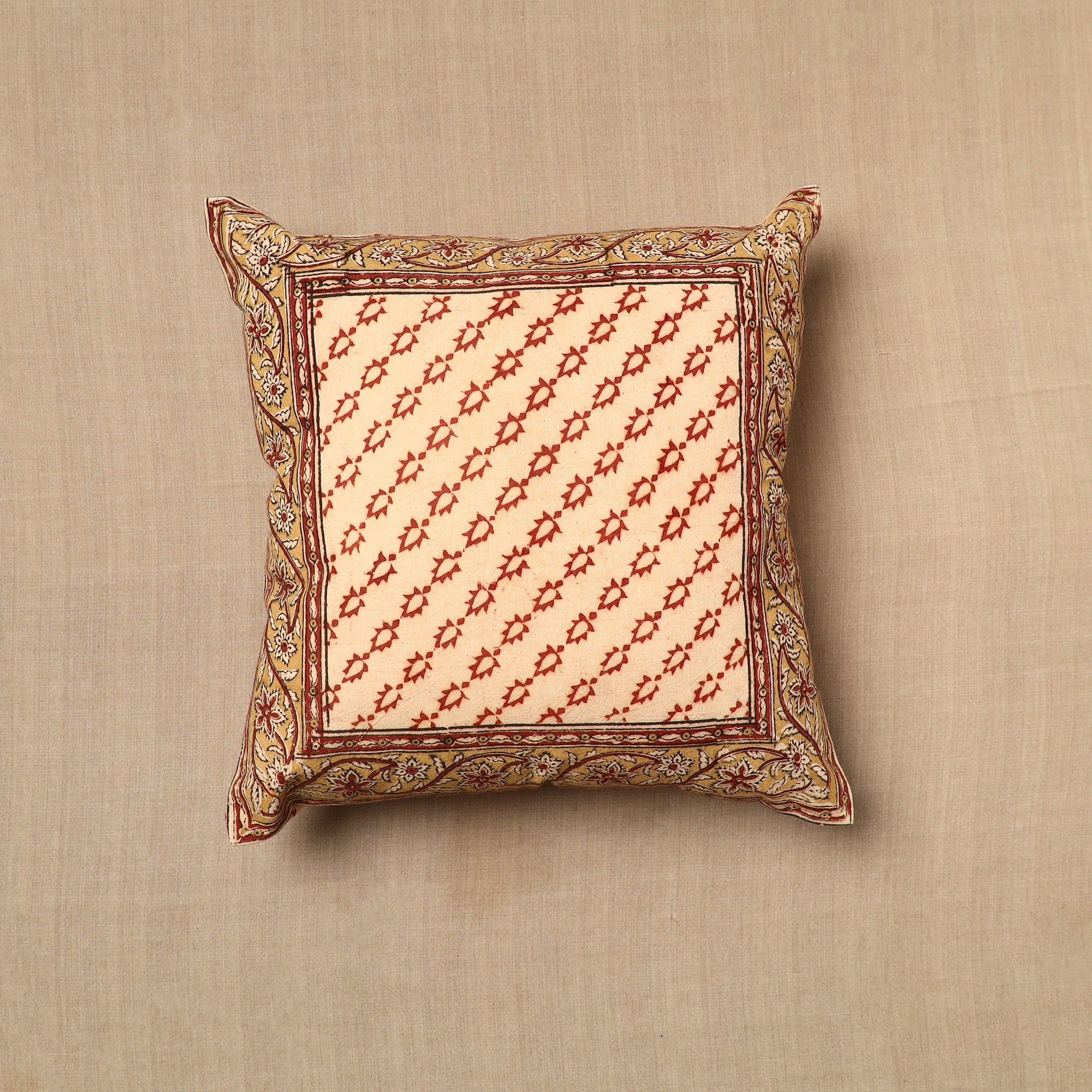 PITCHUKA SRINIVAS KALAMKARI PEDANA Beige - Pedana Block Print Cotton Kalamkari Cushion Cover 05
