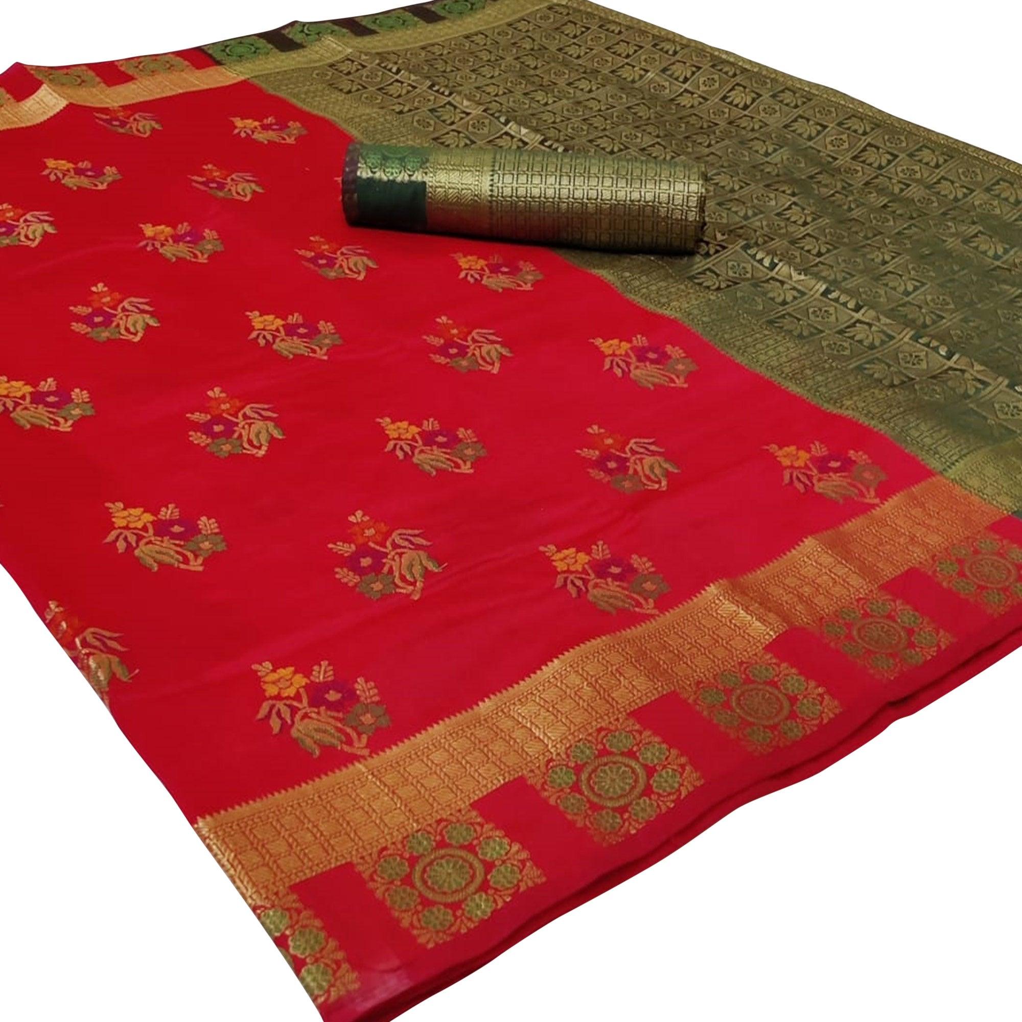 Peachmode Breathtaking Red Colored Festive Wear Woven Silk Saree
