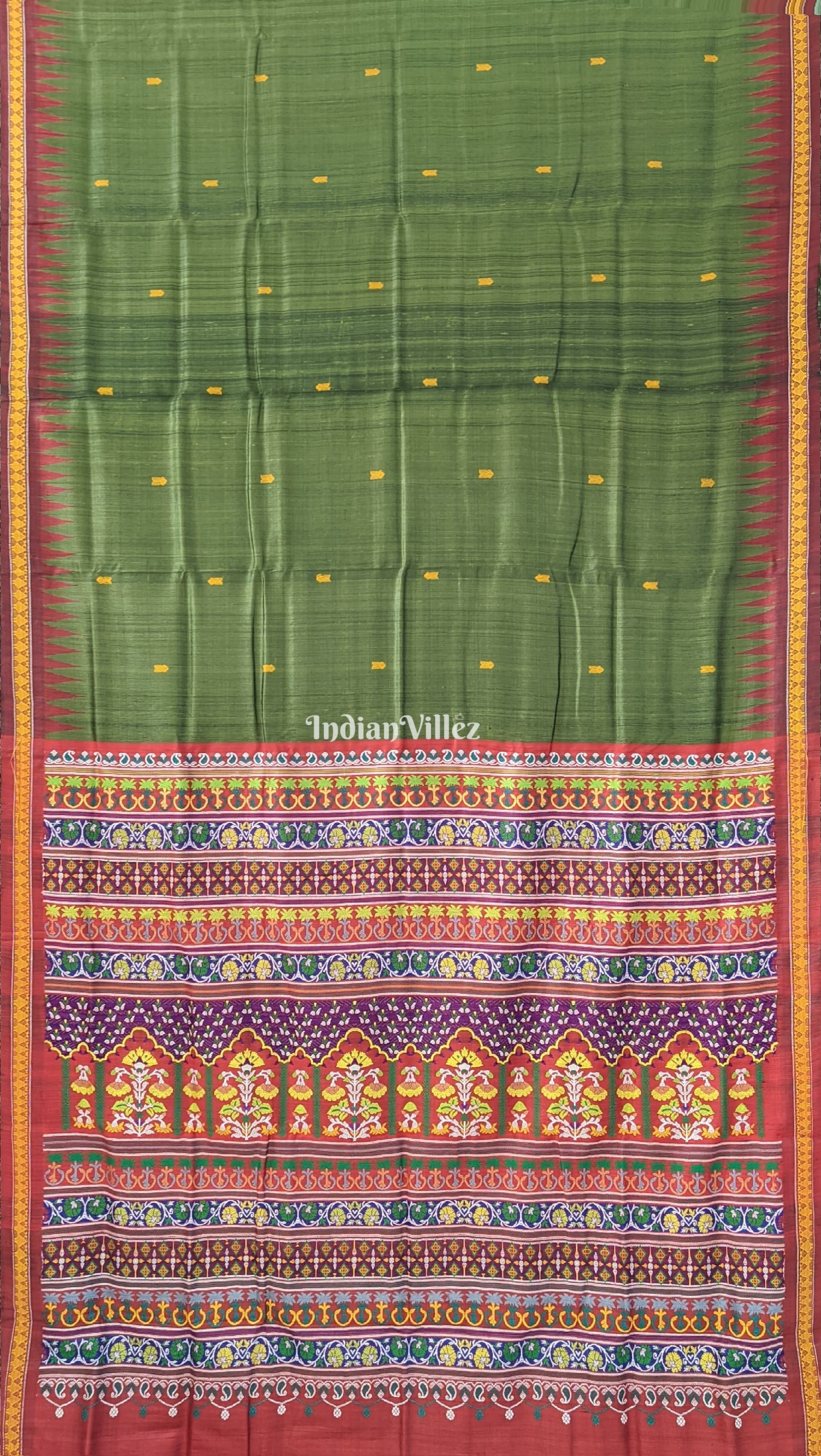IndianVillèz Mehendi Green Garden Themed Gopalpur Tussar Silk Saree (State Award Nominated)
