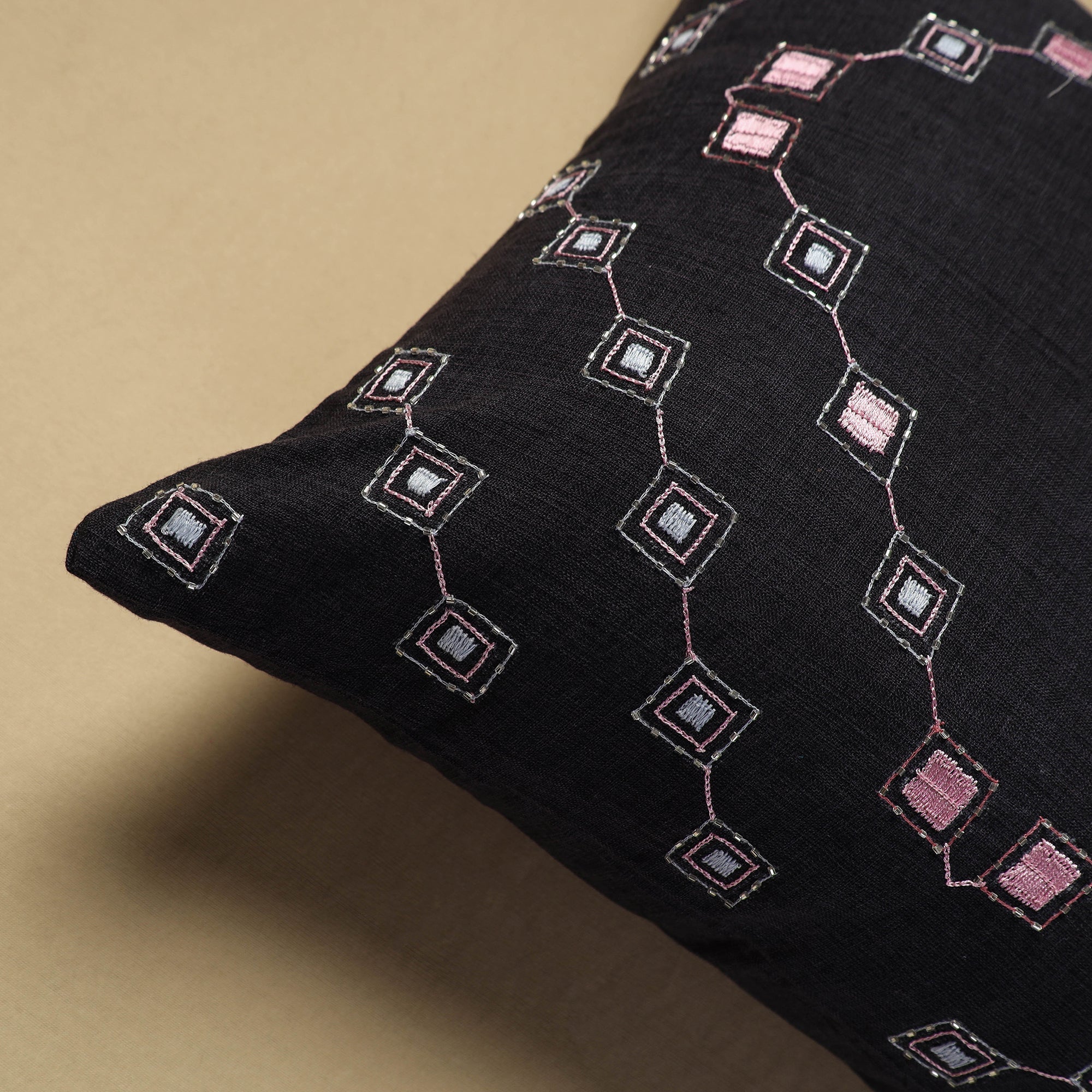 NOORI BAZAR Black - Hand Embroidery Plain Cotton Cushion Cover (16 x 16 in) - view 2