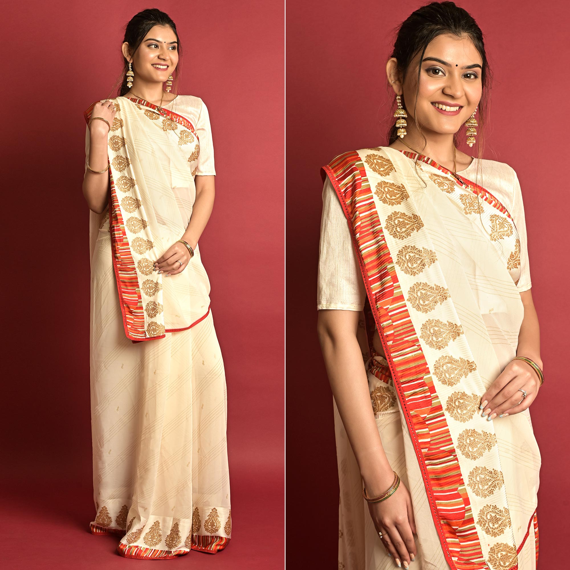 Peachmode Cream Printed Georgette Saree – Women's