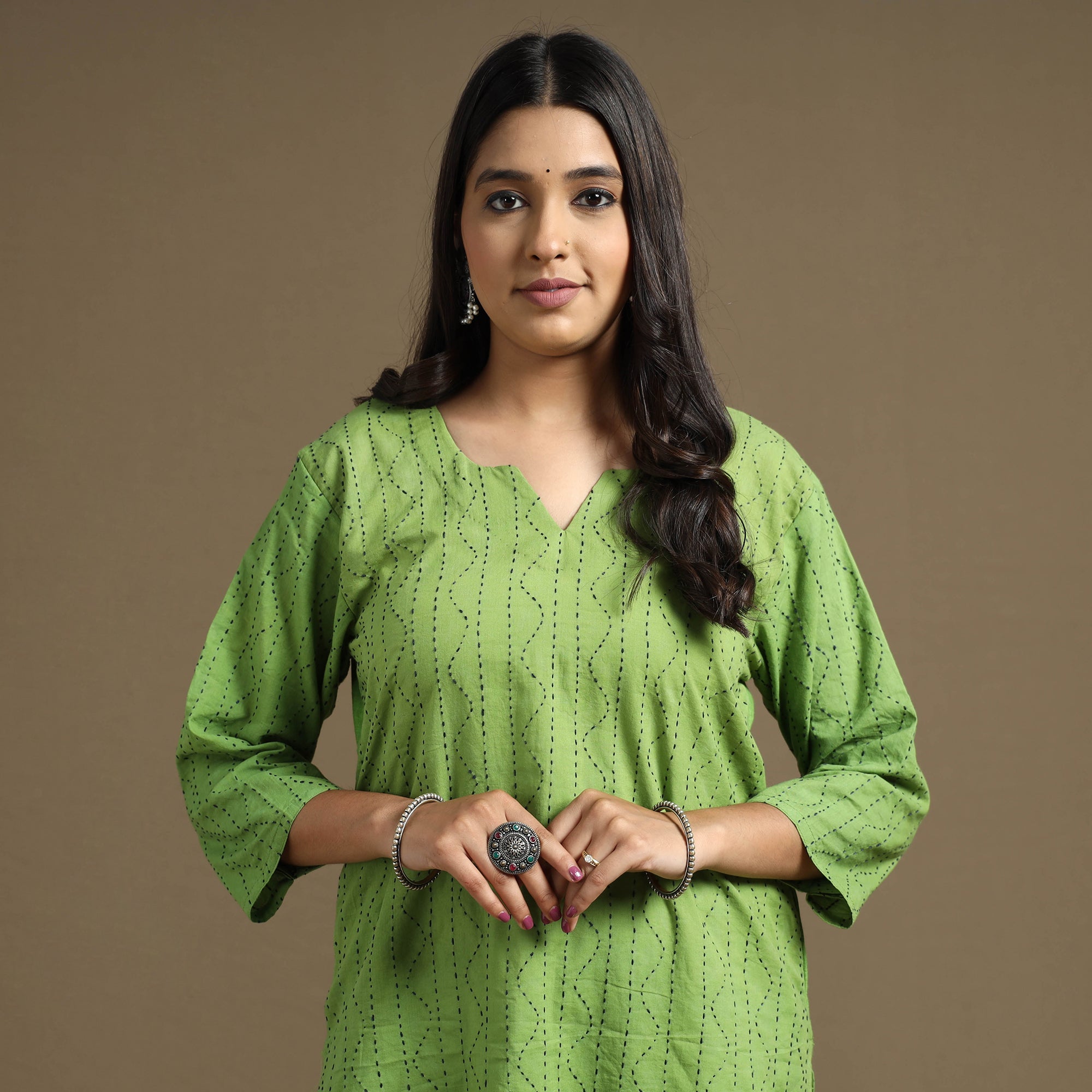 ITOKRI CASUALS Apple Green Plain Cotton Tagai Work Long Kurta