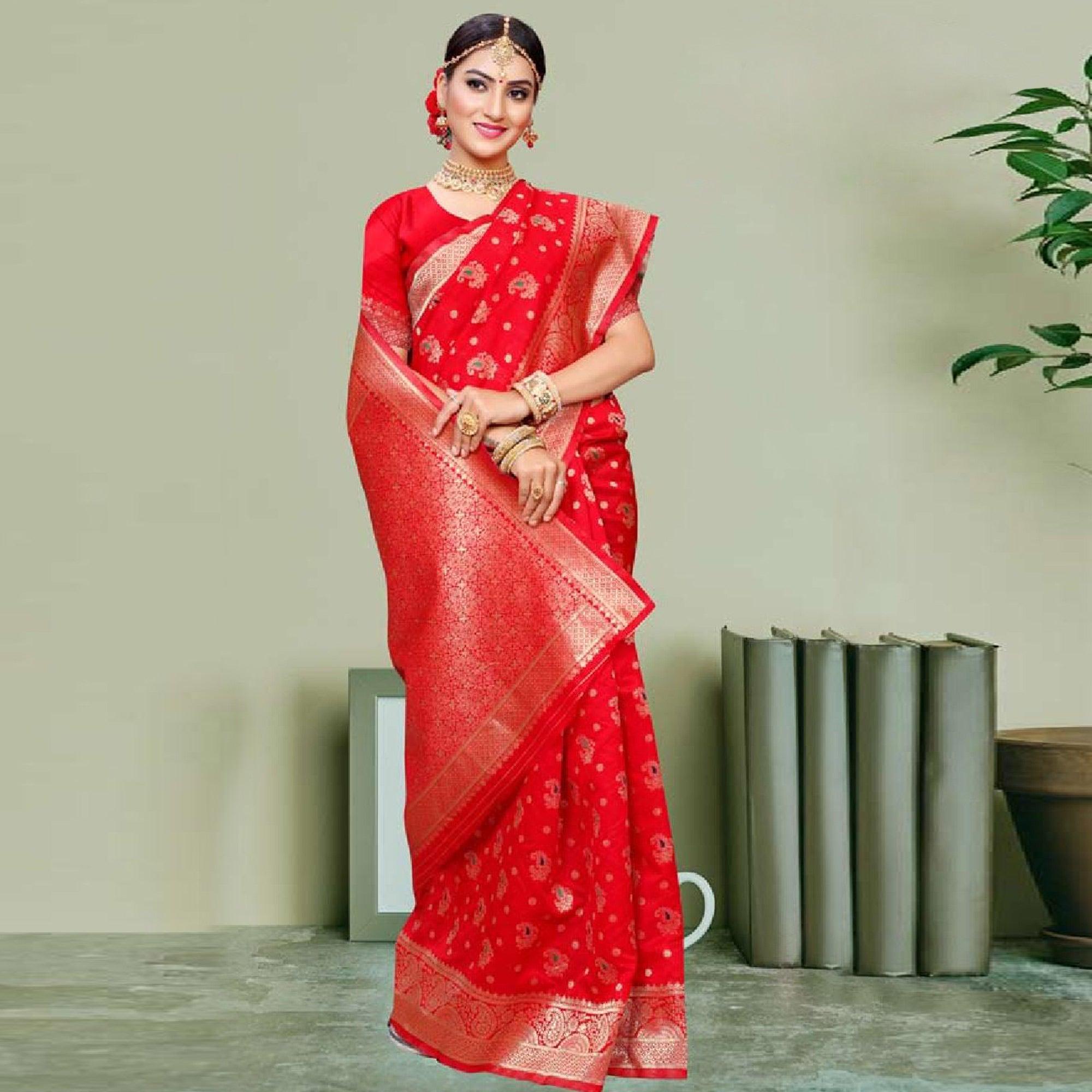 Peachmode Hypnotic Red Colored Festive Wear Woven Art Silk Saree