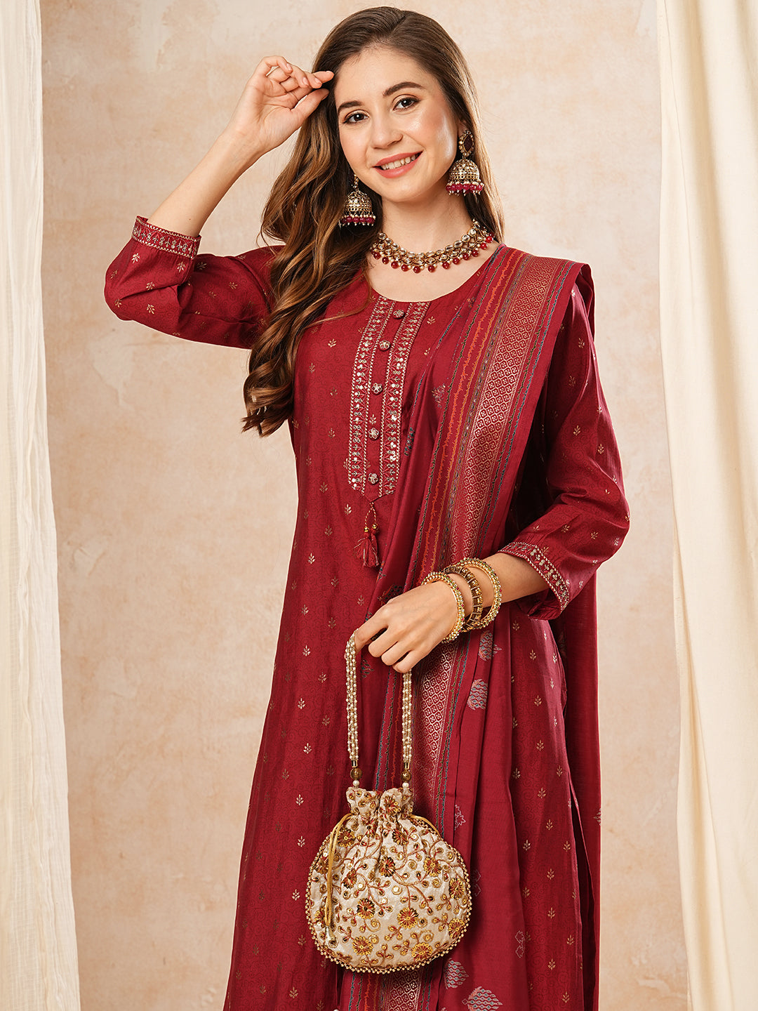 Fashor Ethnic Printed Zari & Sequins Embroidered Kurta with Pants & Dupatta - Red - view 2