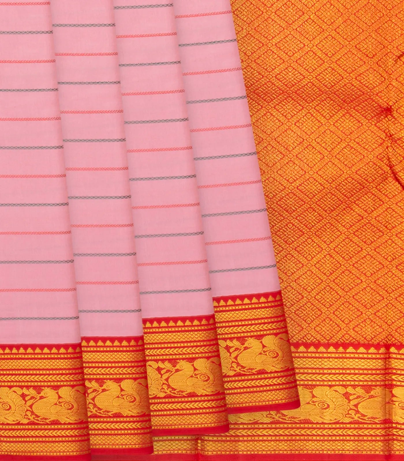 RmKV Baby Pink Handloom Kanchipuram Korvai Silk Saree With Beldari Stripes & Ganga Jamuna Border-Baby Pink