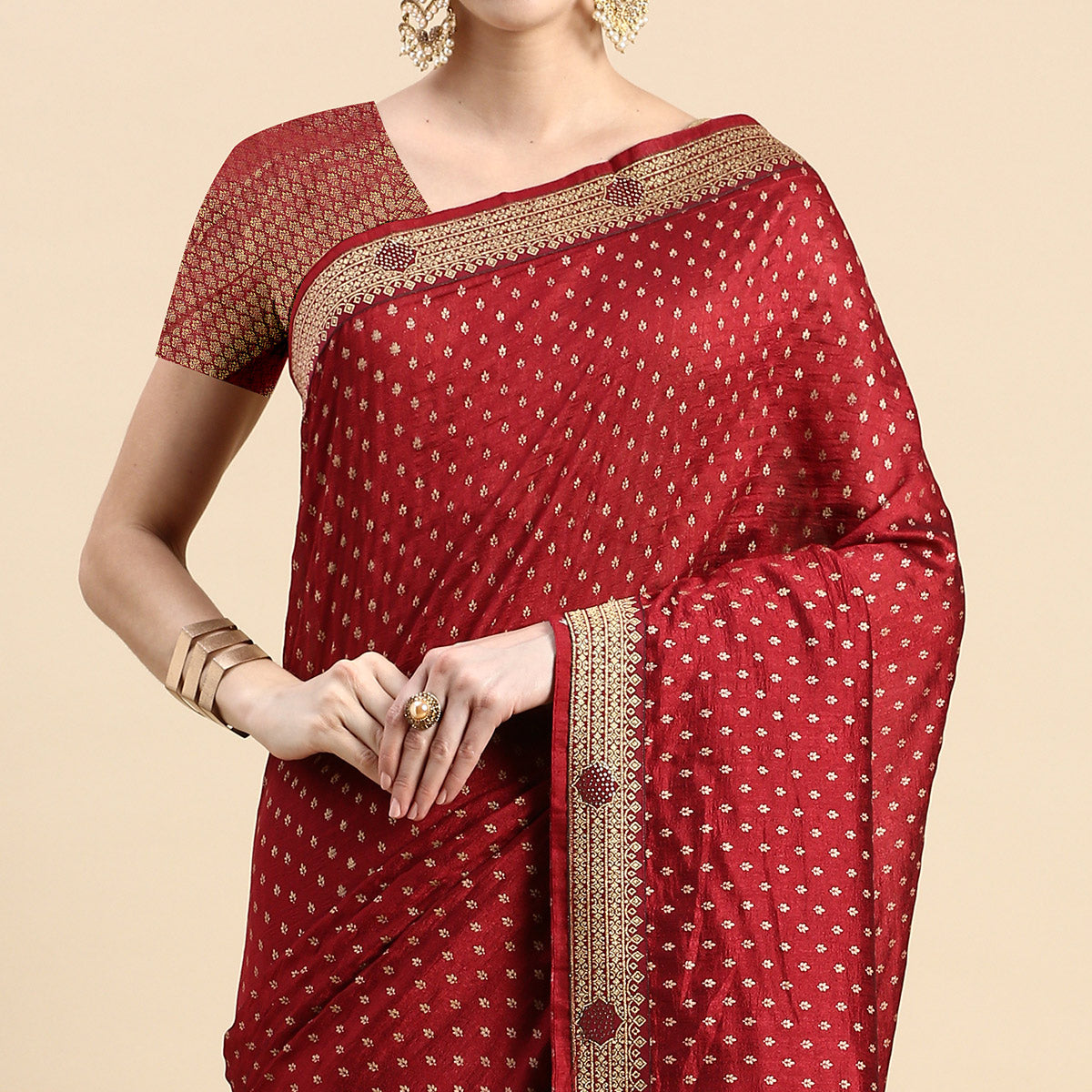 Peachmode Maroon Foil Printed With Swarovski Vichitra Silk Saree - view 3