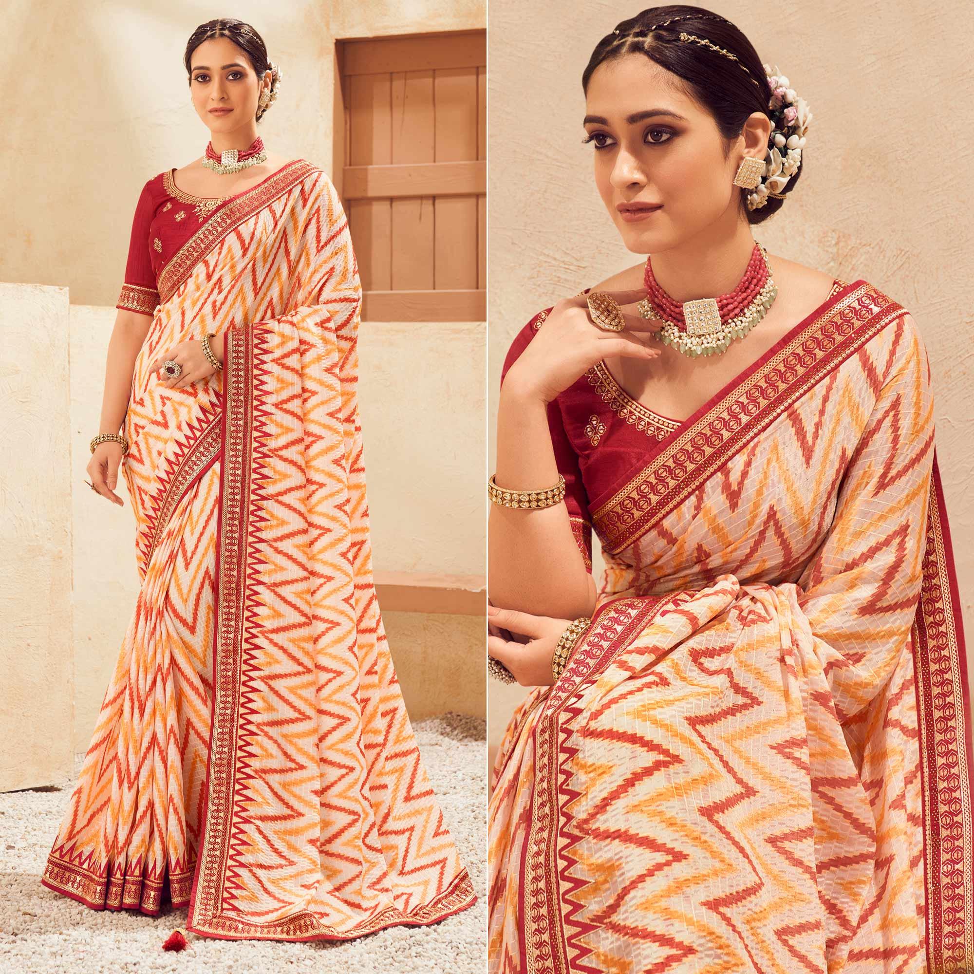 Peachmode Cream Printed With Embellished Chiffon Saree With Tassels