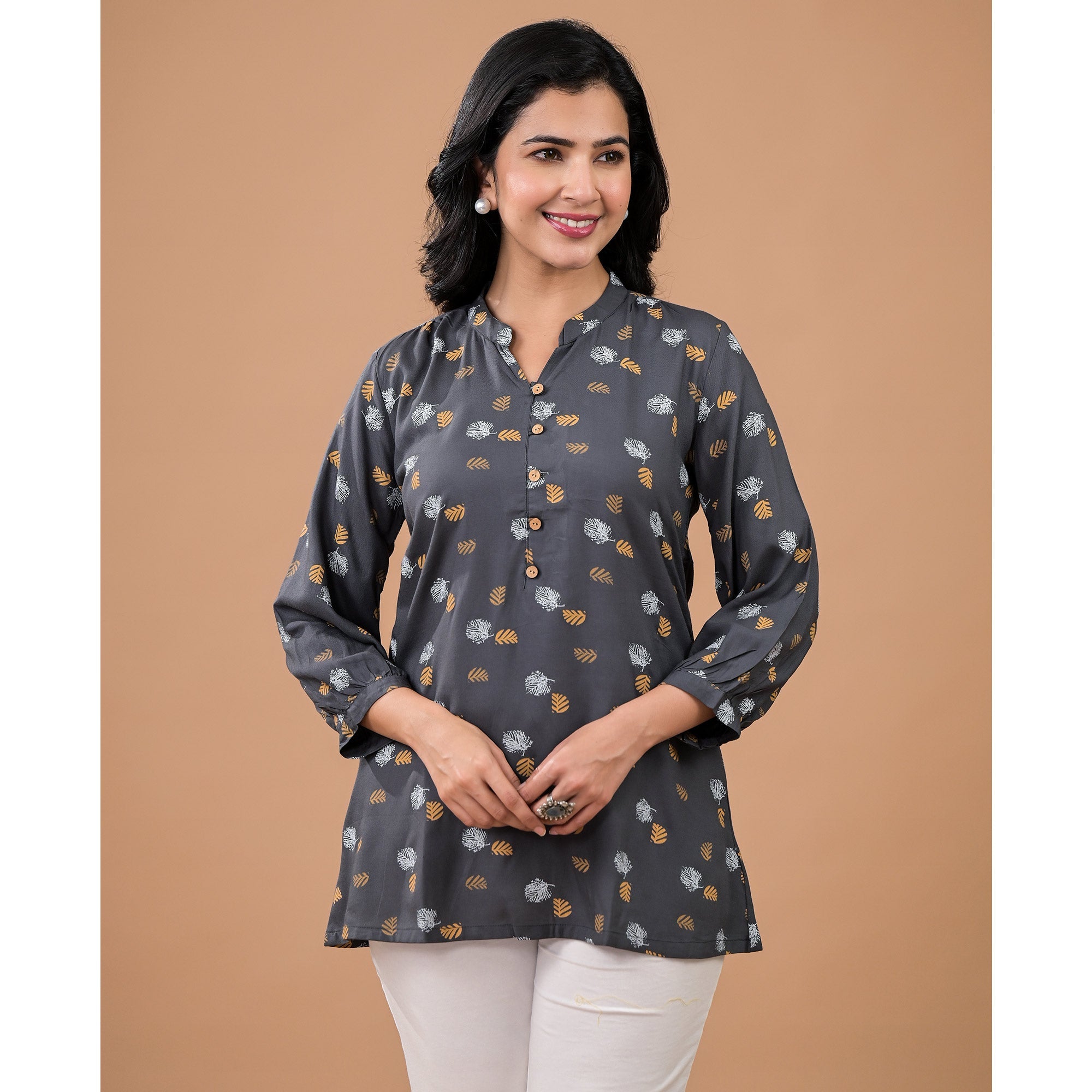 Peachmode Grey Printed Rayon Top - view 8