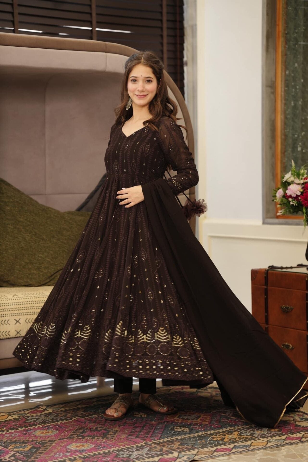 Idaho-o brown embroidered georgette suit set - view 5