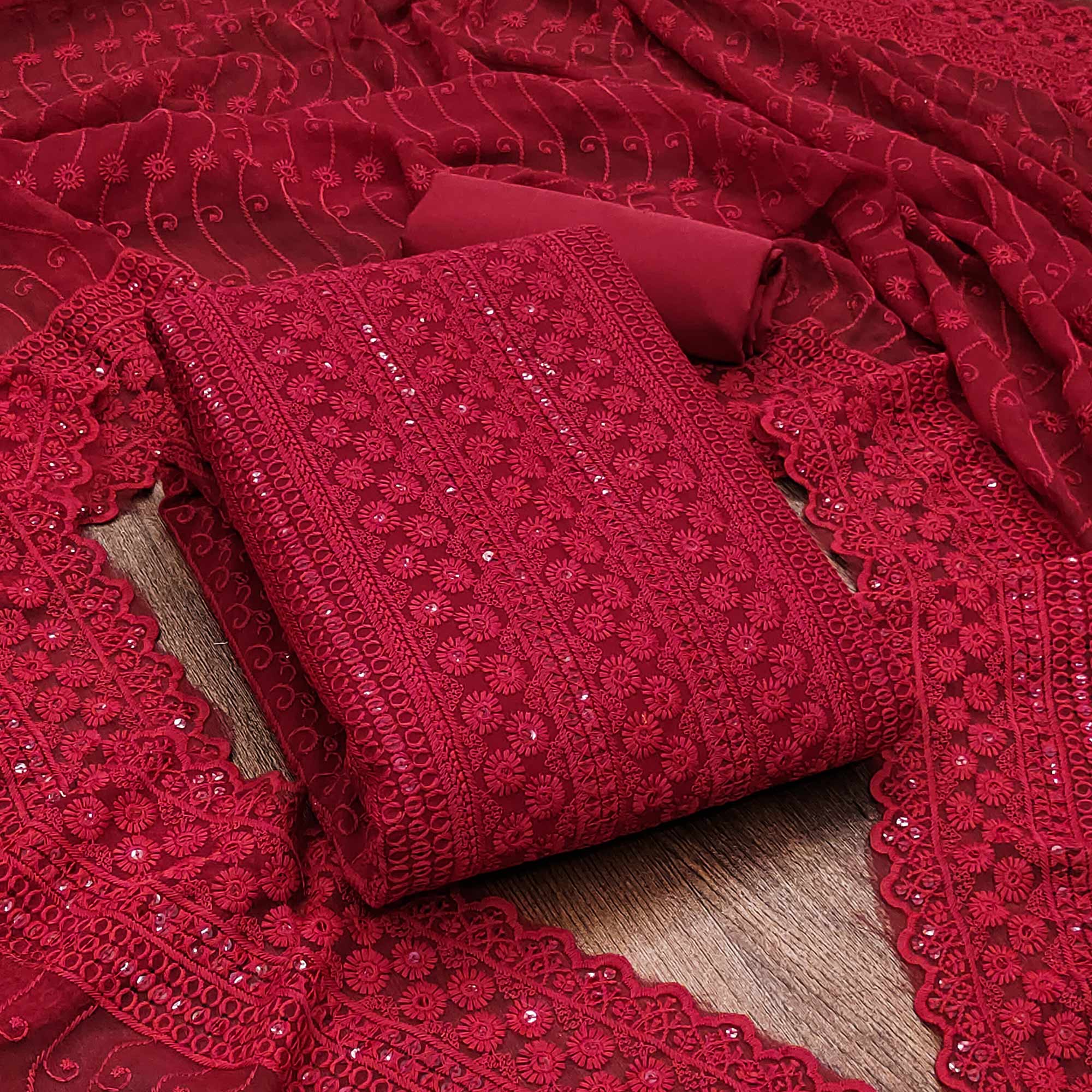 Peachmode Maroon Lucknowi Embroidered Georgette Suit