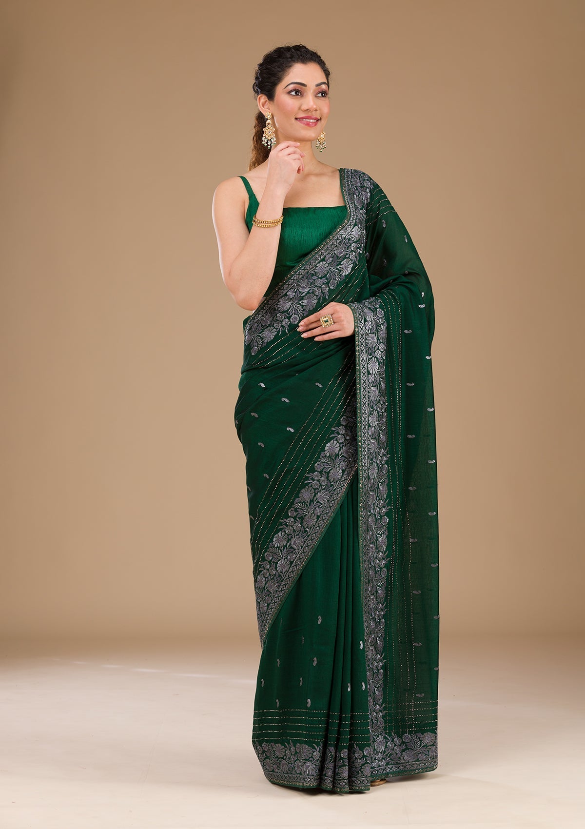 Koskii Bottle Green Threadwork Georgette Saree - view 5