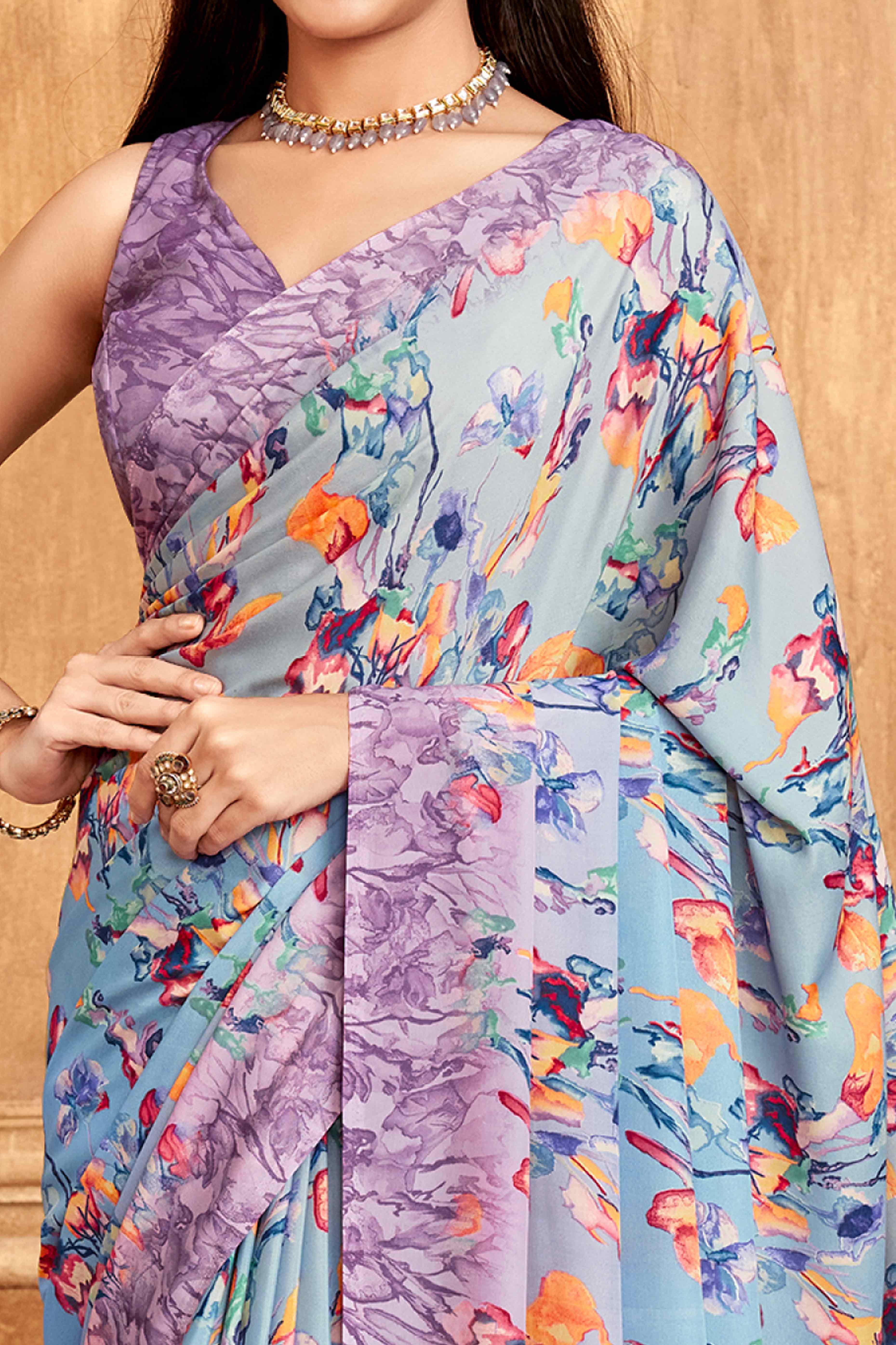 Peachmode Lavender Floral Printed Crepe Silk Saree - view 2