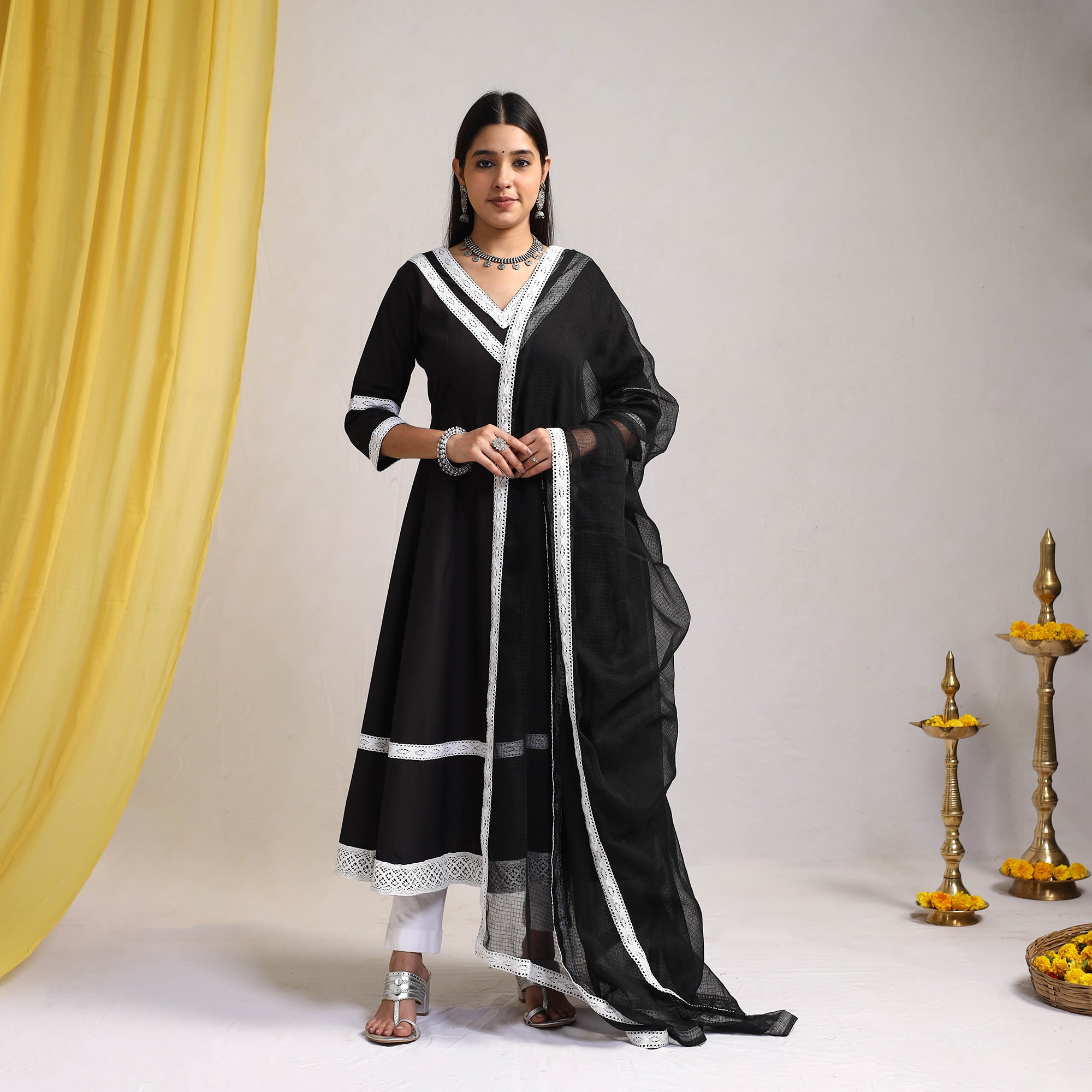 ITOKRI CASUALS Black - Lace Work Plain Cotton Anarkali Kurta with Dupatta Set 12