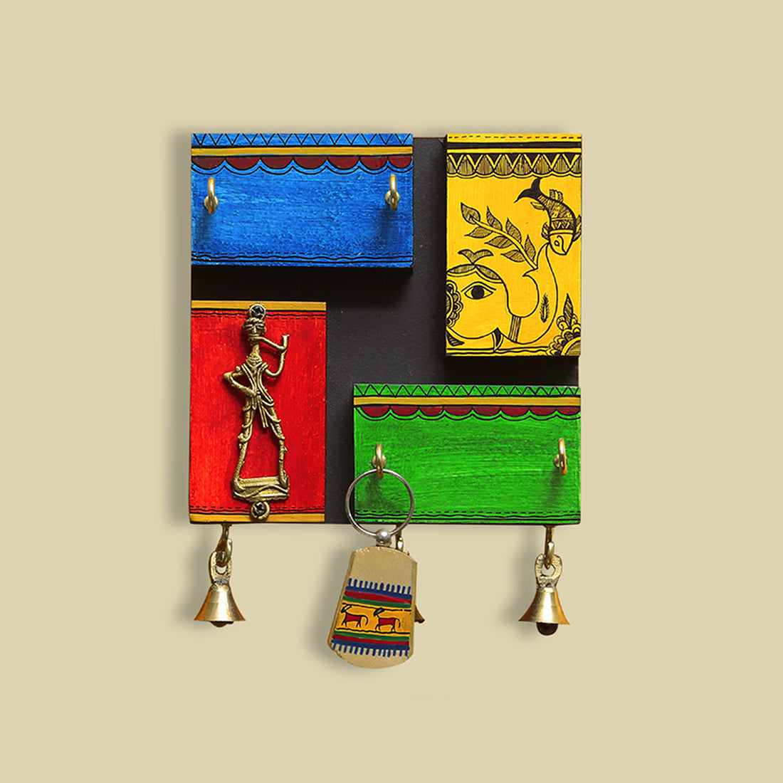 EXCLUSIVELANE 'In-Key-Geneous' Warli Handpainted Wooden Key Holder with Dhokra Art (5 Hooks)