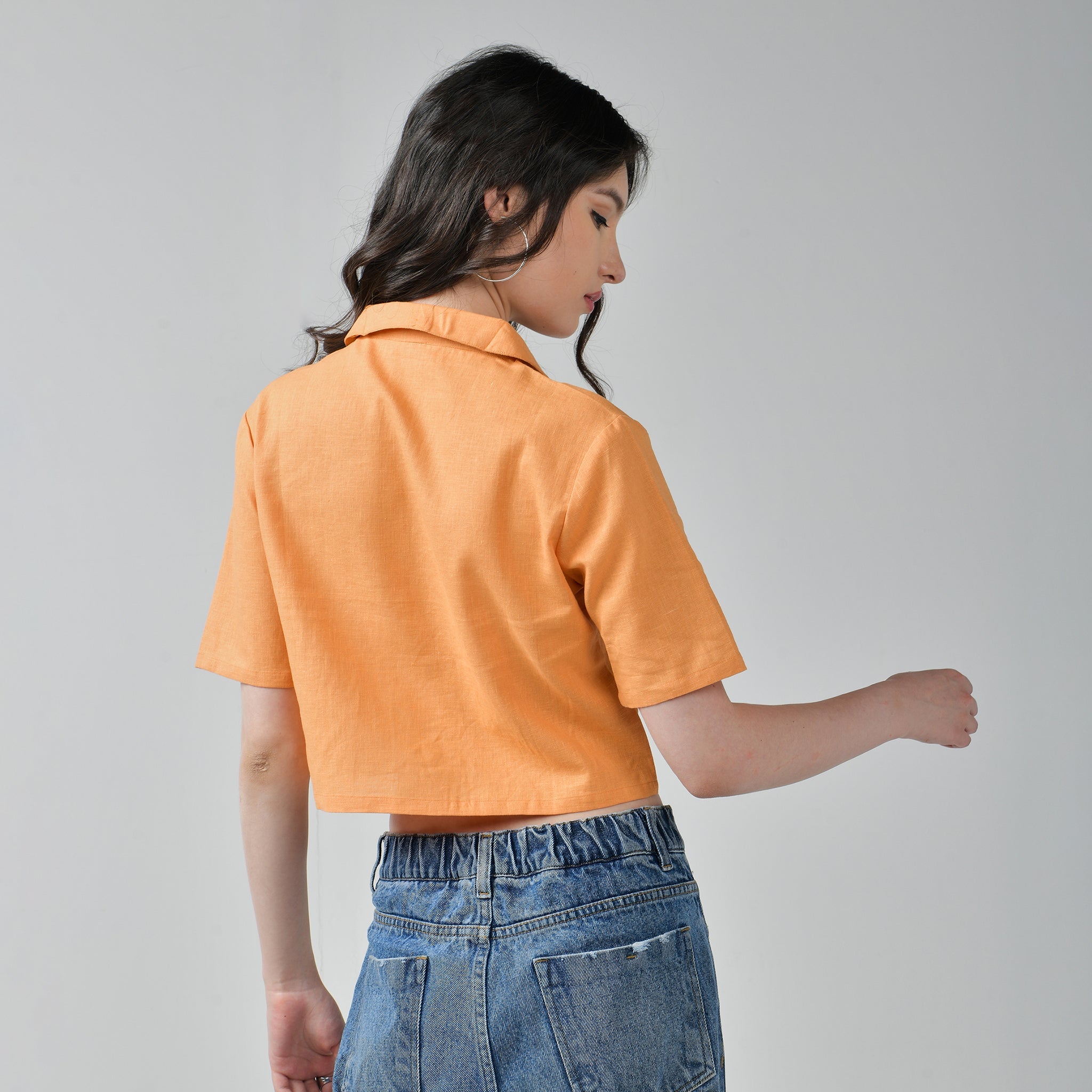 I Z F Baggy Jeans & Orange Crop Linen Shirt Set for Women - view 7