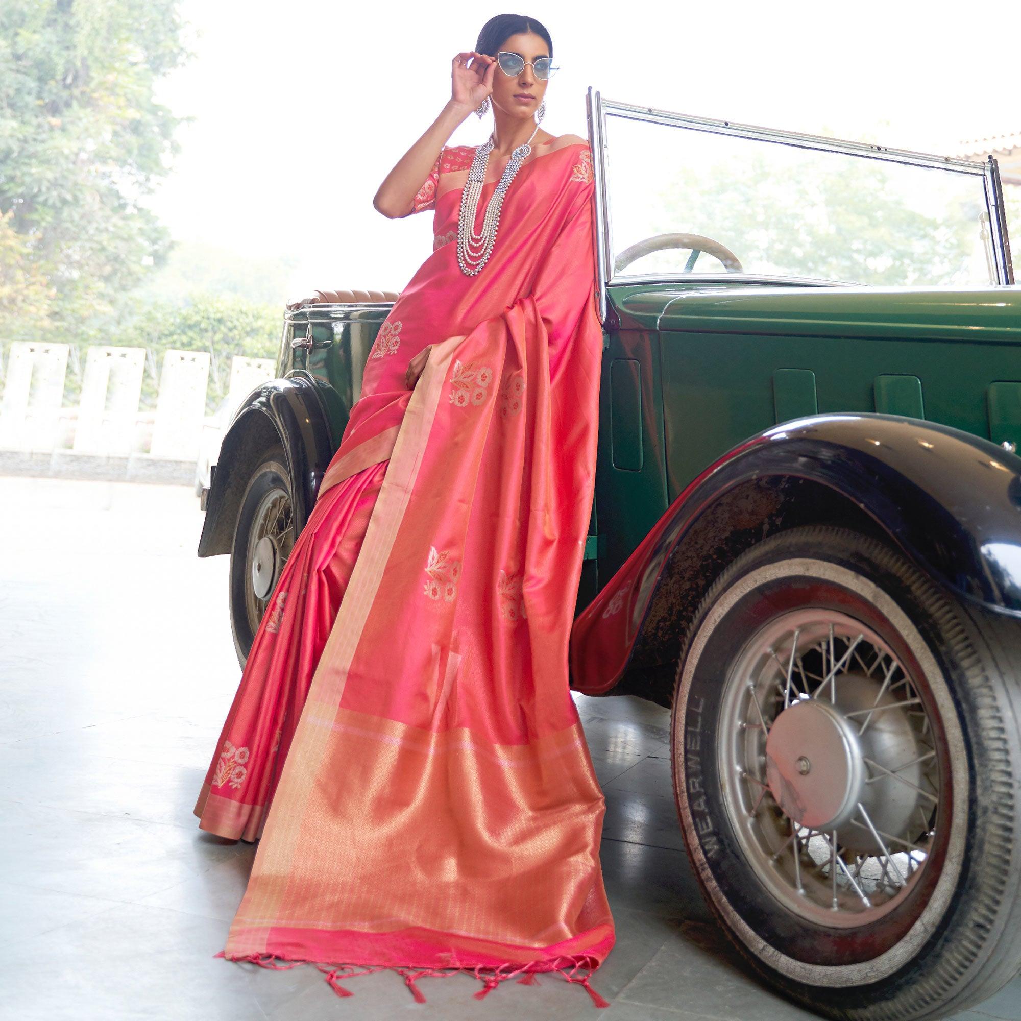 Peachmode Jazzy Red Colored Zari Work Festive Wear Banarasi Silk Saree