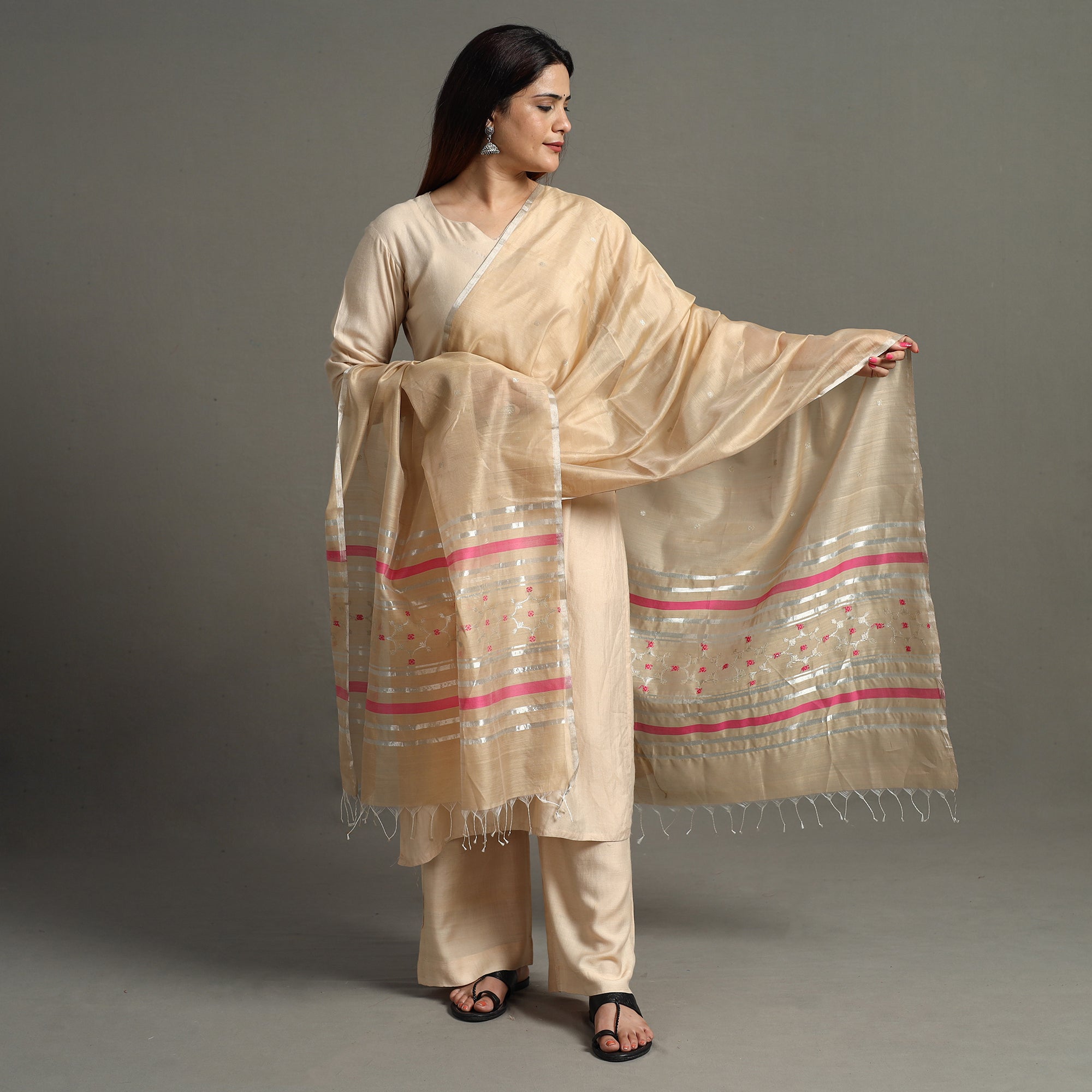 ITOKRI CRAFTS INITIATIVE Beige - Traditional Chanderi Silk Handloom Zari Buti Dupatta with Tassels 27