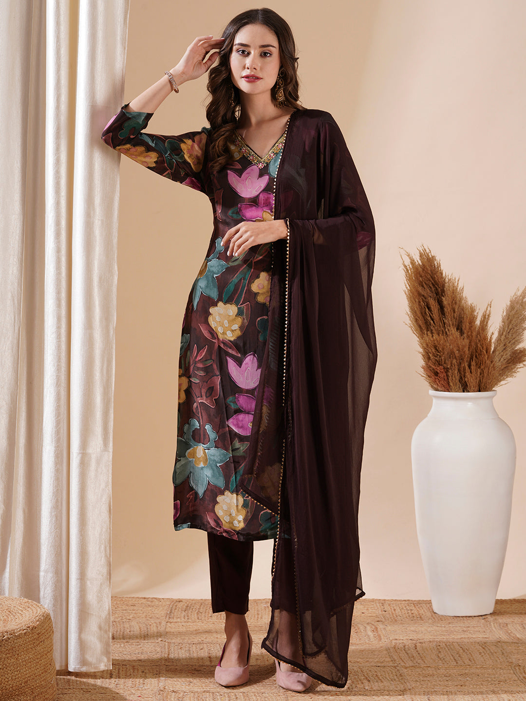 Fashor Floral Printed Sequins Aari Embroidered Kurta with Pants & Dupatta - Brown - view 3