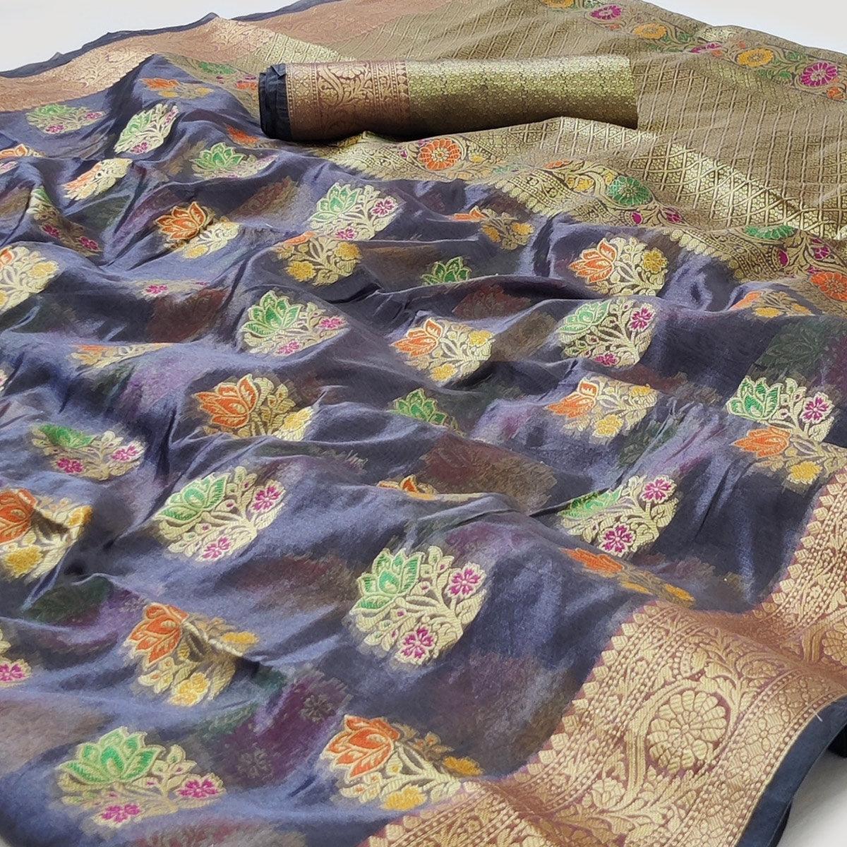Peachmode Grey Woven Organza Saree – Women's - view 2