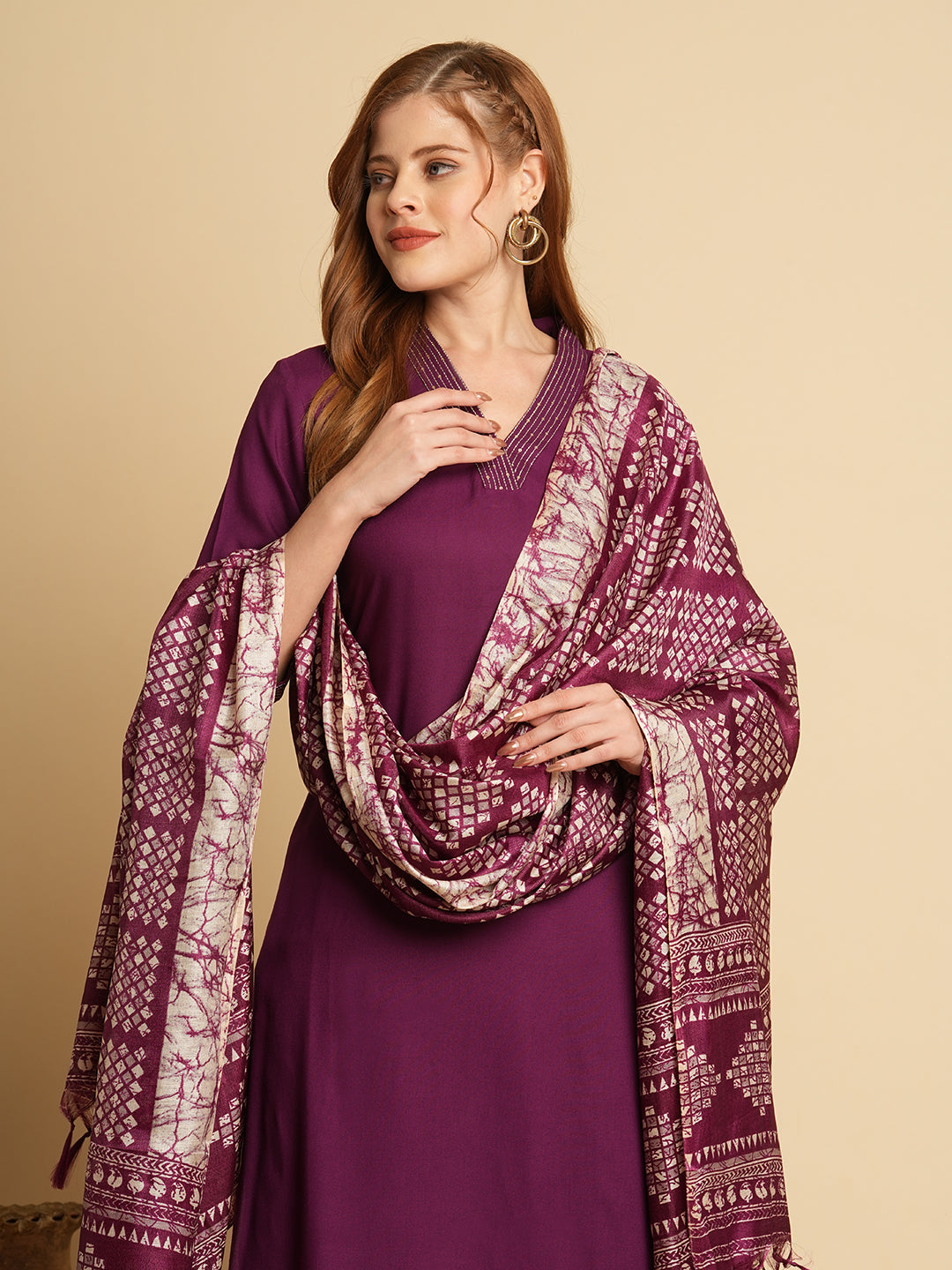 FASHOR Solid Ethnic Embroidered Straight Fit Kurta with Pant & Dupatta - Purple
