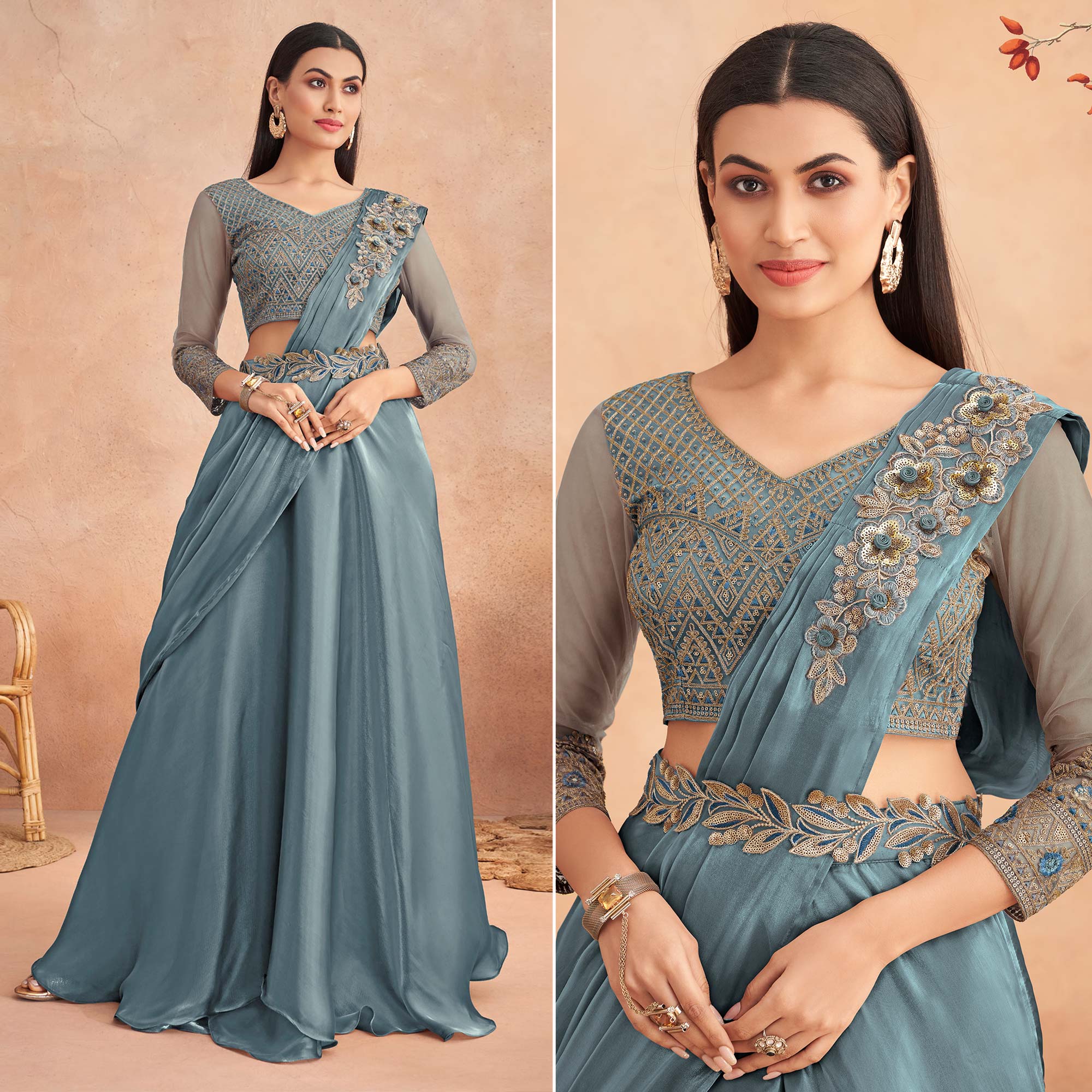 Peachmode Seller Grey Sequins Embroidered Ready to Wear Art Silk Saree